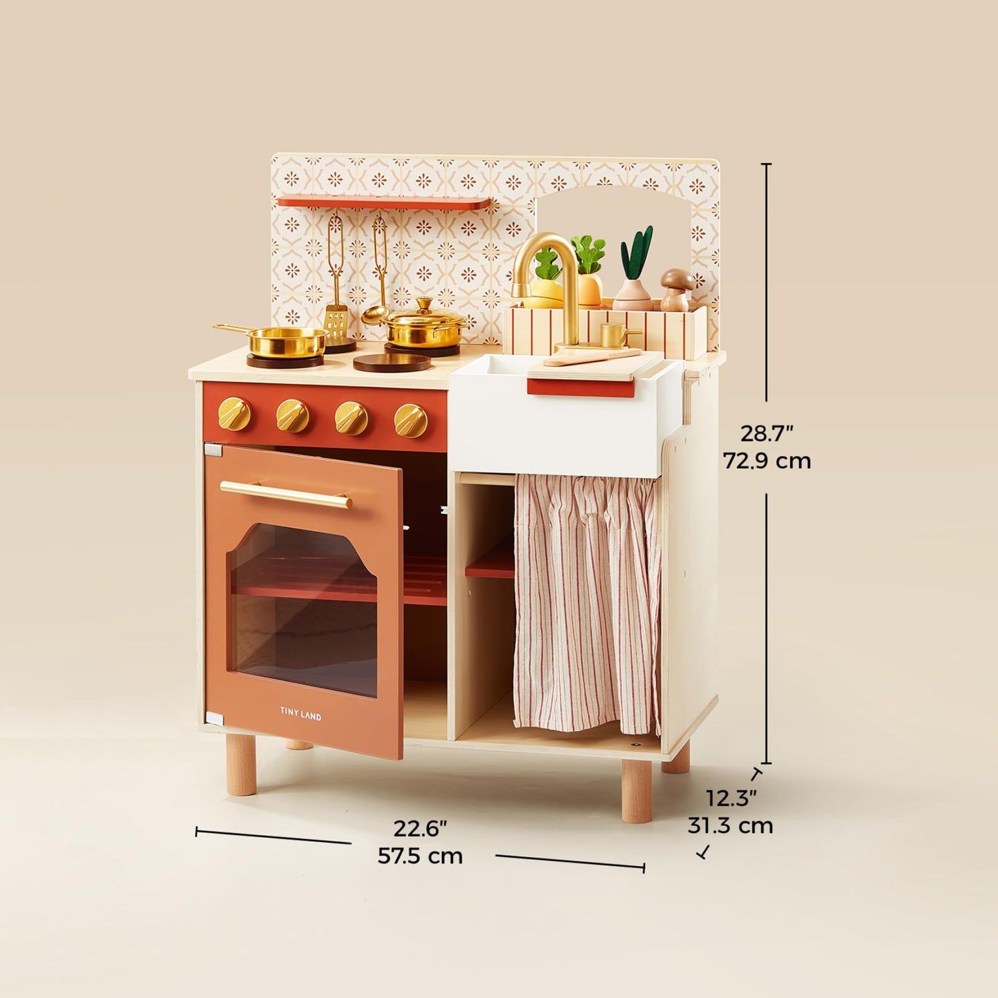 Tiny Land Play Kitchen for Toddlers | Wooden Kitchen Playset with Cutting Food & Cookware