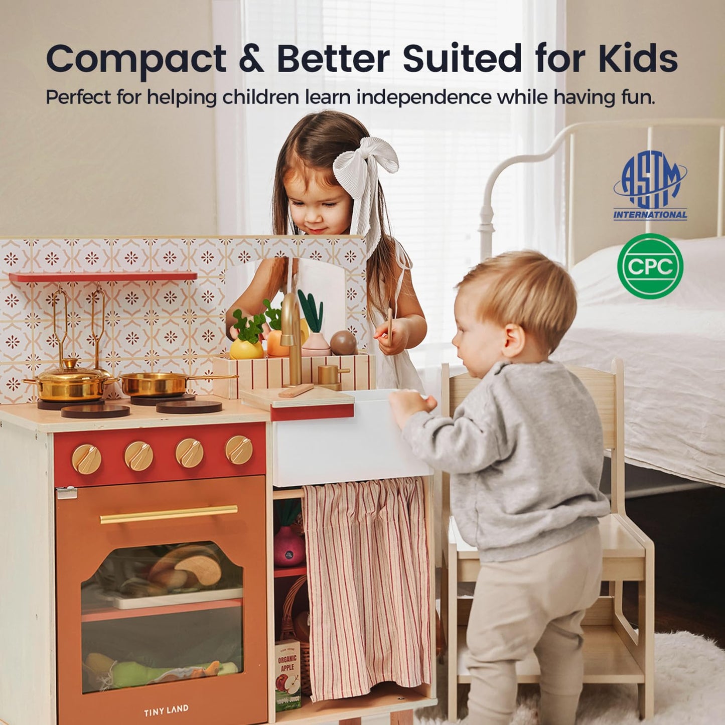 Tiny Land Play Kitchen for Toddlers | Wooden Kitchen Playset with Cutting Food & Cookware