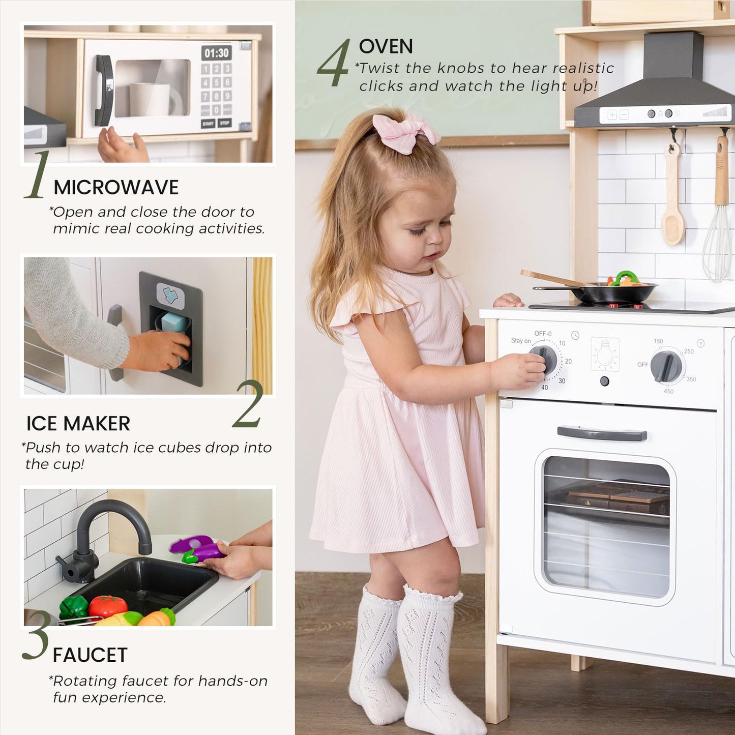 Tiny Land Play Kitchen for Kids – Wooden Kitchen Playset with Real Lights & Sounds + 18-Piece Accessories