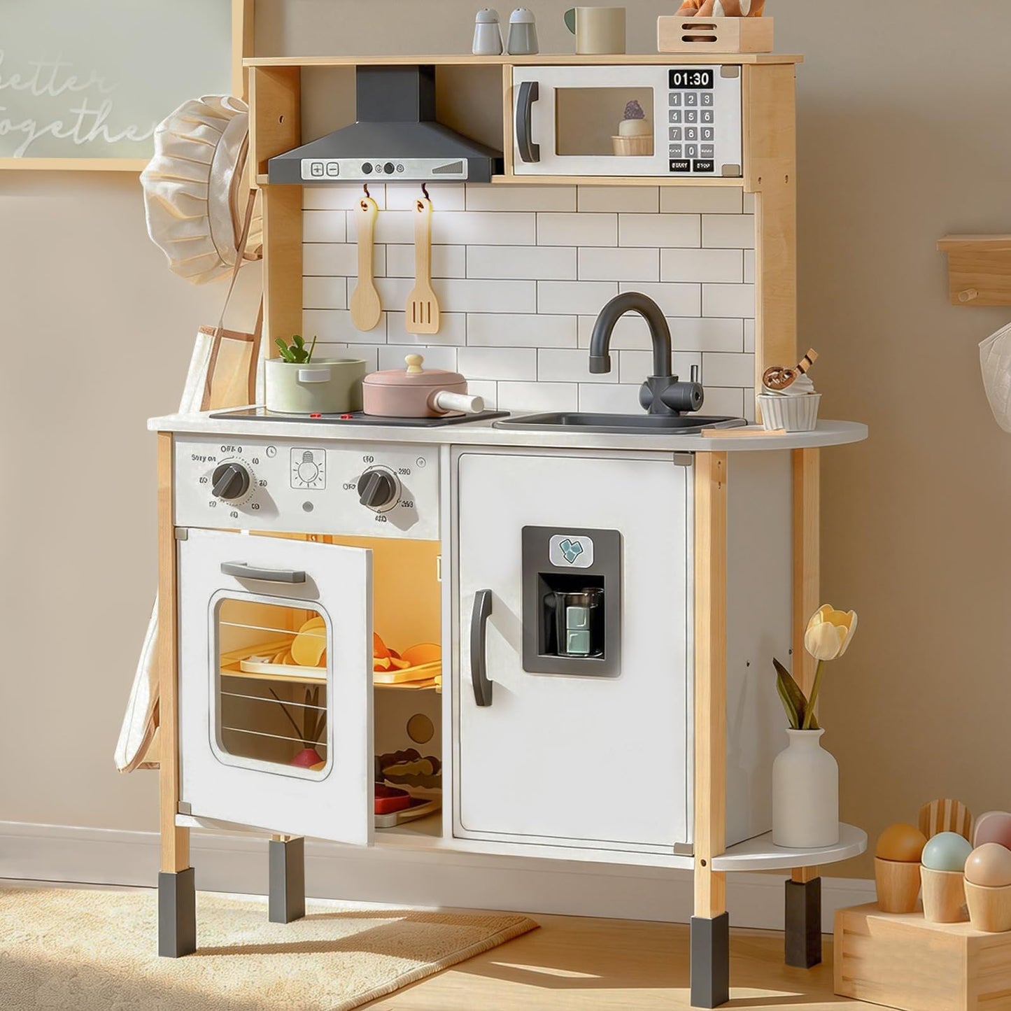 Tiny Land Play Kitchen for Kids – Wooden Kitchen Playset with Real Lights & Sounds + 18-Piece Accessories