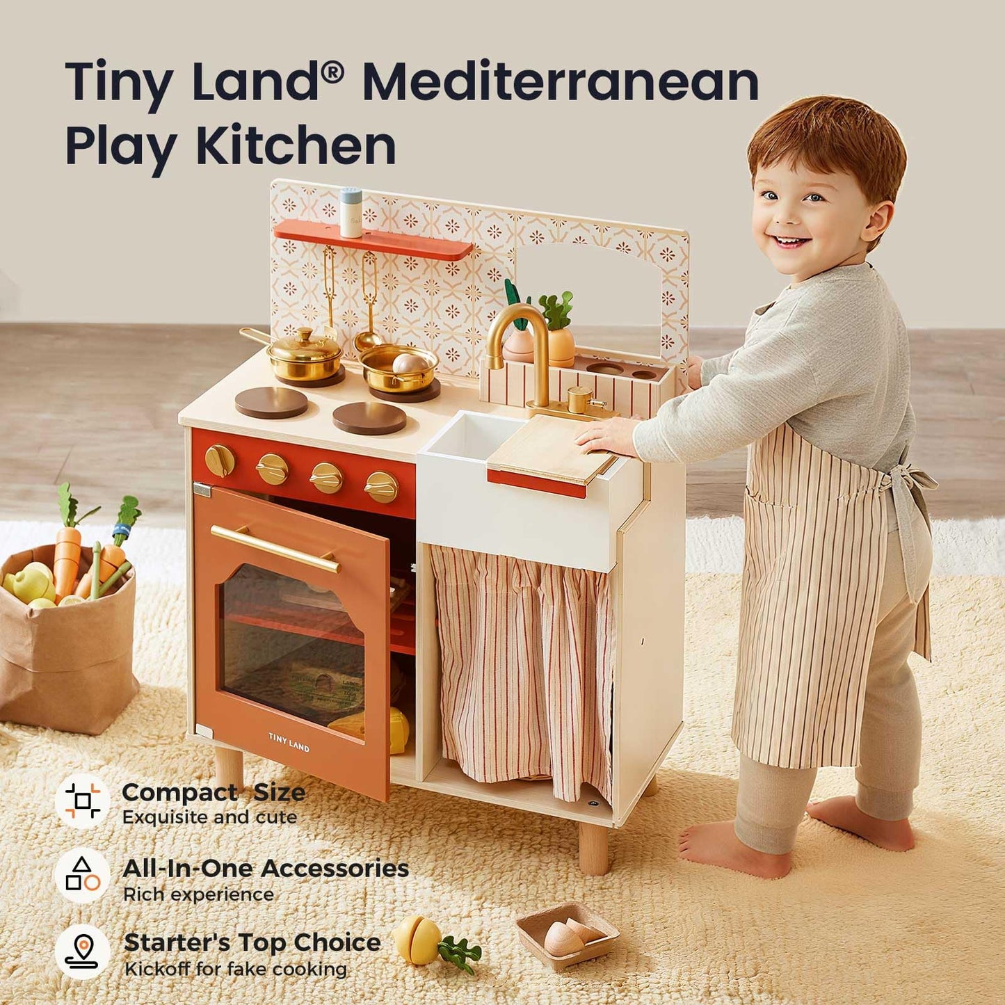 Tiny Land Play Kitchen for Toddlers | Wooden Kitchen Playset with Cutting Food & Cookware