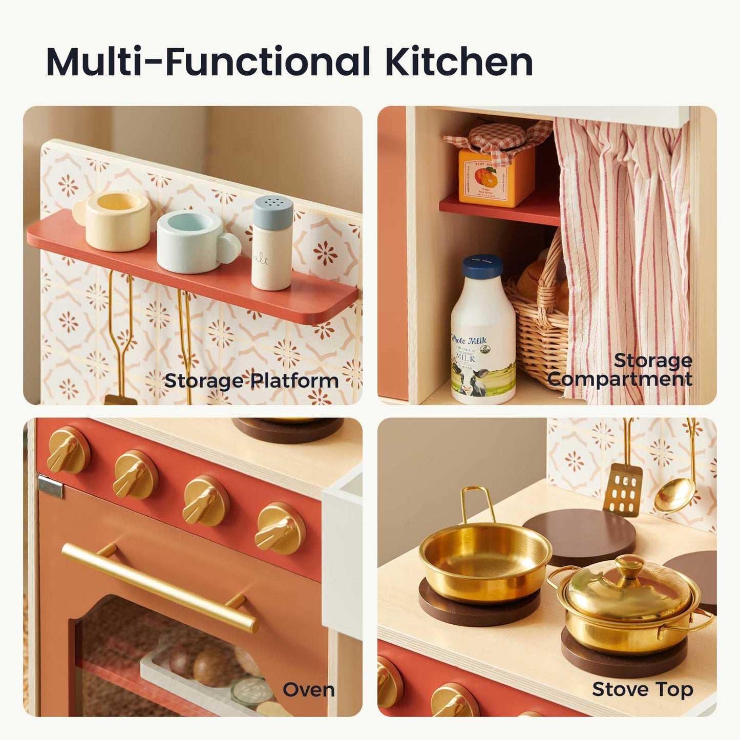 Tiny Land Play Kitchen for Toddlers | Wooden Kitchen Playset with Cutting Food & Cookware