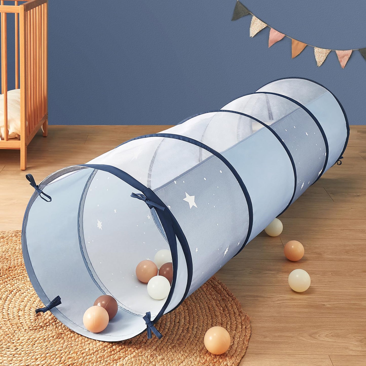Tiny Land Kids Play Tunnel – 69" x 18" Foldable Indoor/Outdoor Crawling Tunnel (Blue)