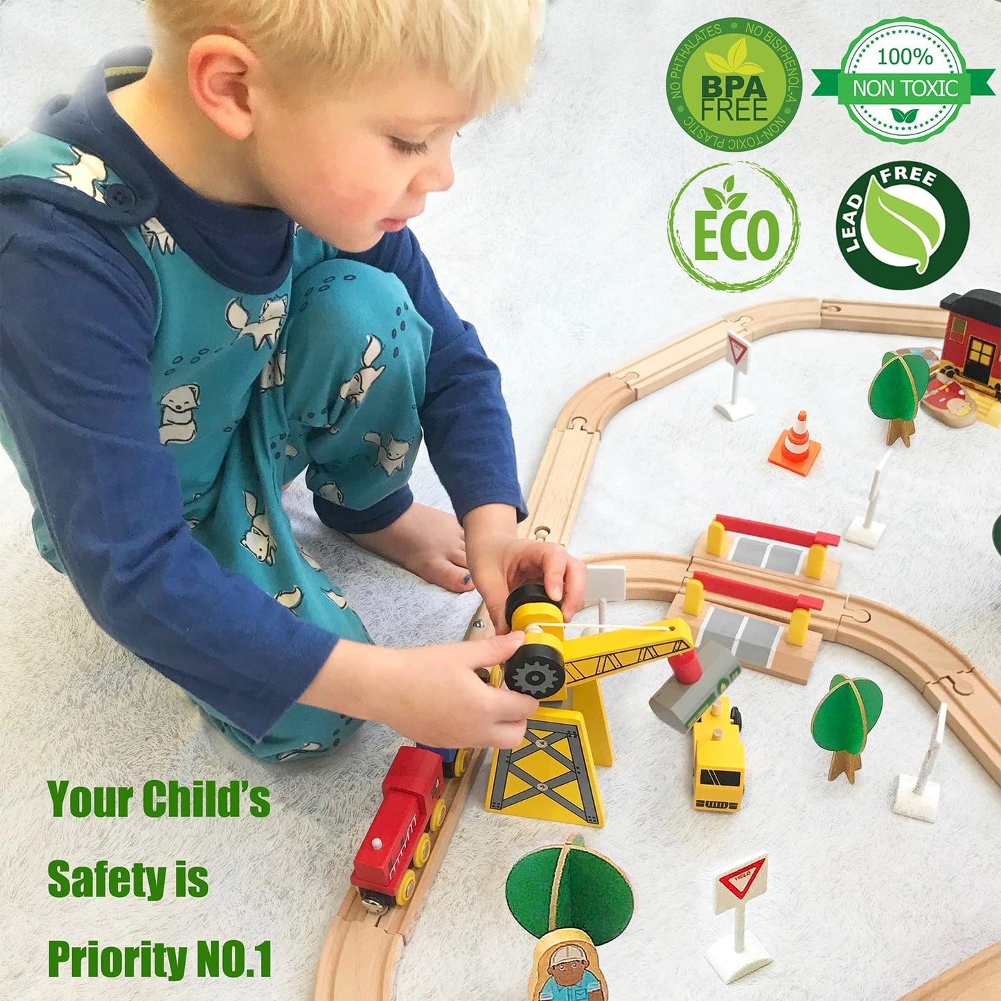 Tiny Land 55PCS Wooden Train Set — Compatible with Major Brand Tracks for Ages 3-7