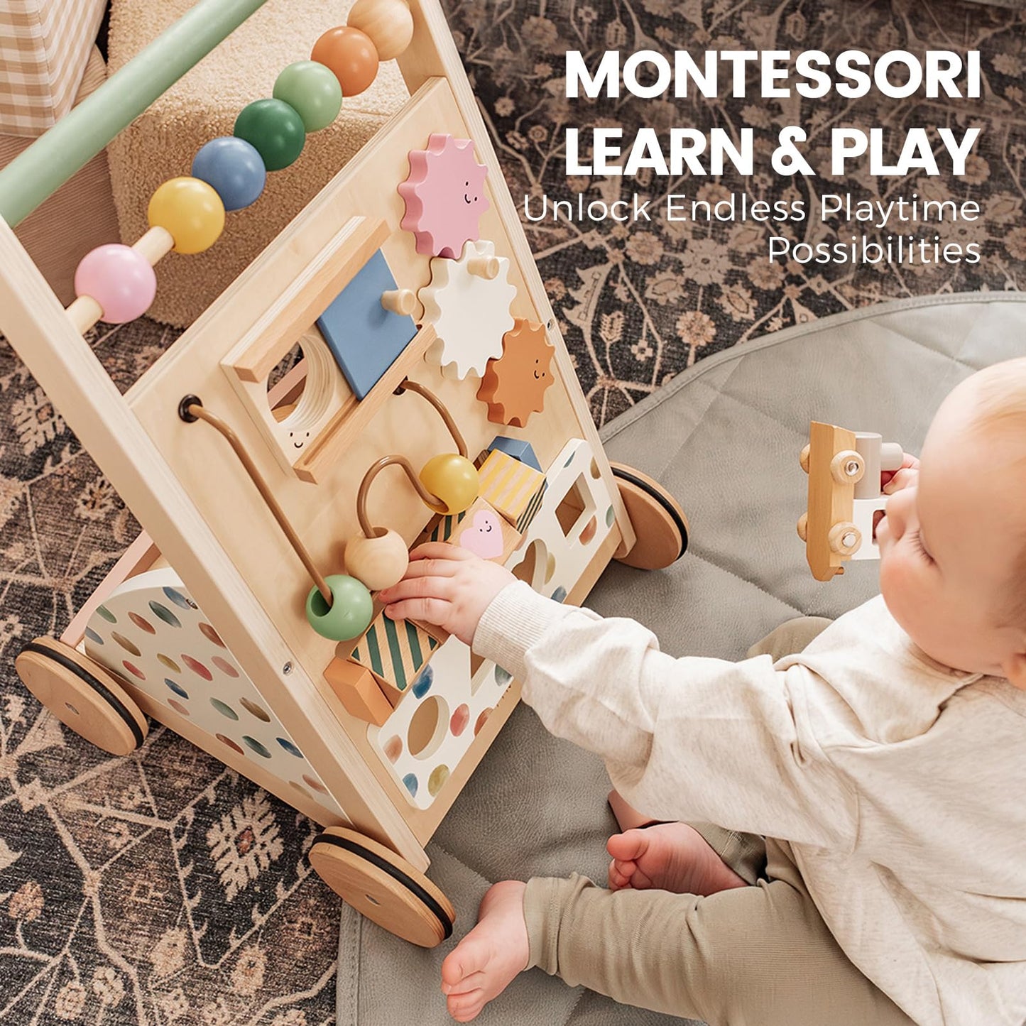 Tiny Land Wooden Baby Walker with Adjustable Speed — Montessori Activity Push Walker