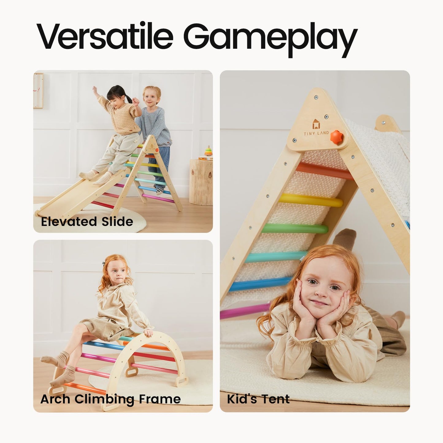 Tiny Land Pikler Triangle Set – 7-in-1 Foldable Rainbow Climbing Toy for Toddlers | Montessori-Inspired Indoor Playground