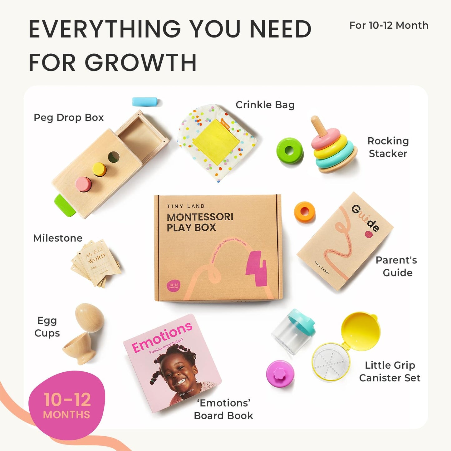 Tiny Land Montessori 5-in-1 Wooden Toy Set for Babies 1 Year Old – Peg Drop Box, Rocking Stacker & More