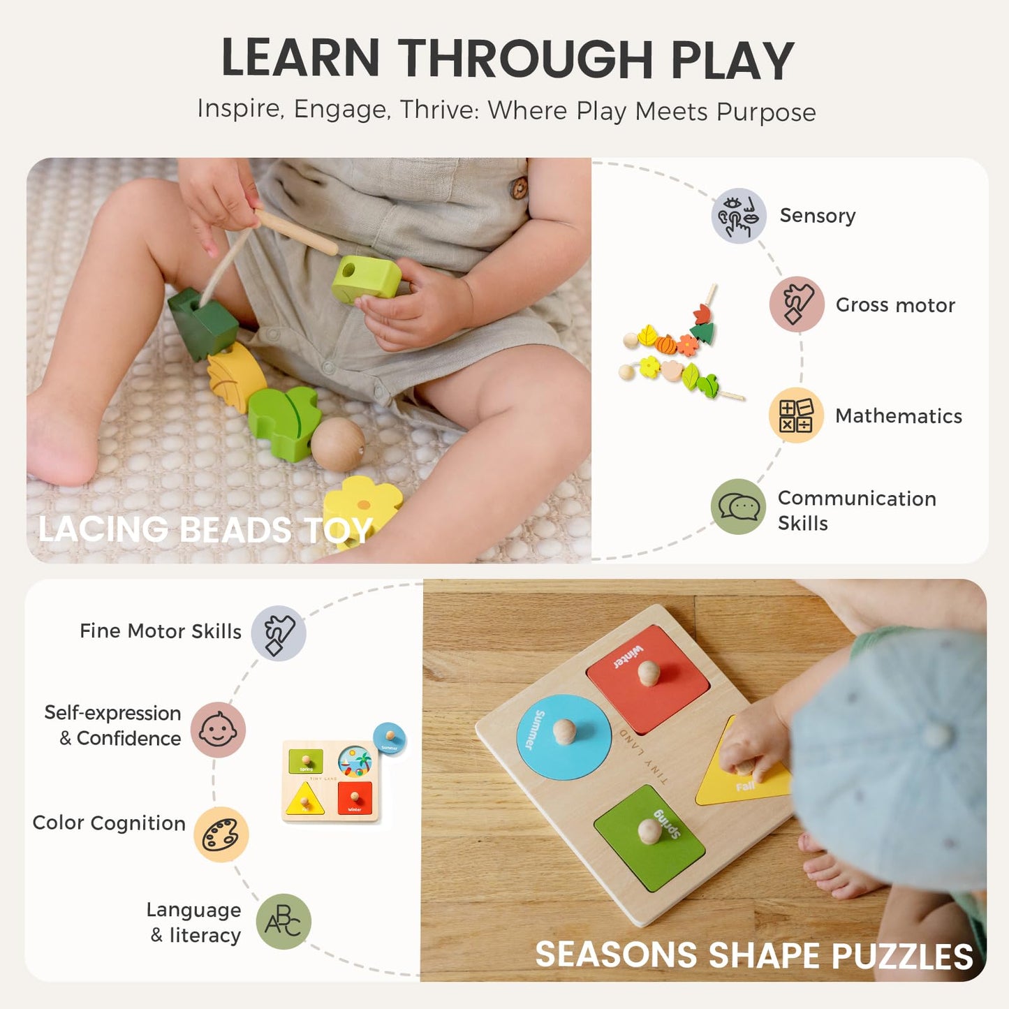 Tiny Land Montessori 4-in-1 Wooden Learning Toy Set for Babies 18-24 Months