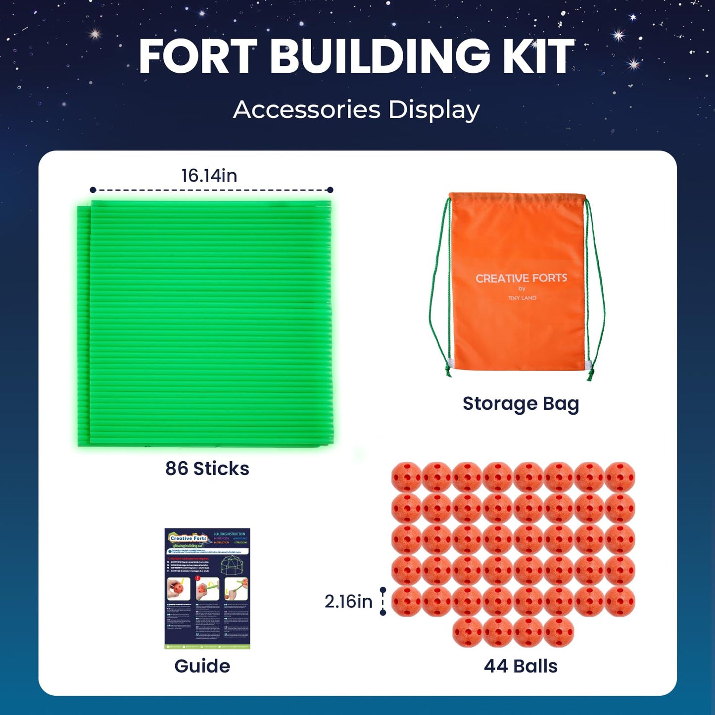 Tiny Land Glow Fort Building Kit for Kids – 86 Glow Rods & 44 Balls | Indoor & Outdoor