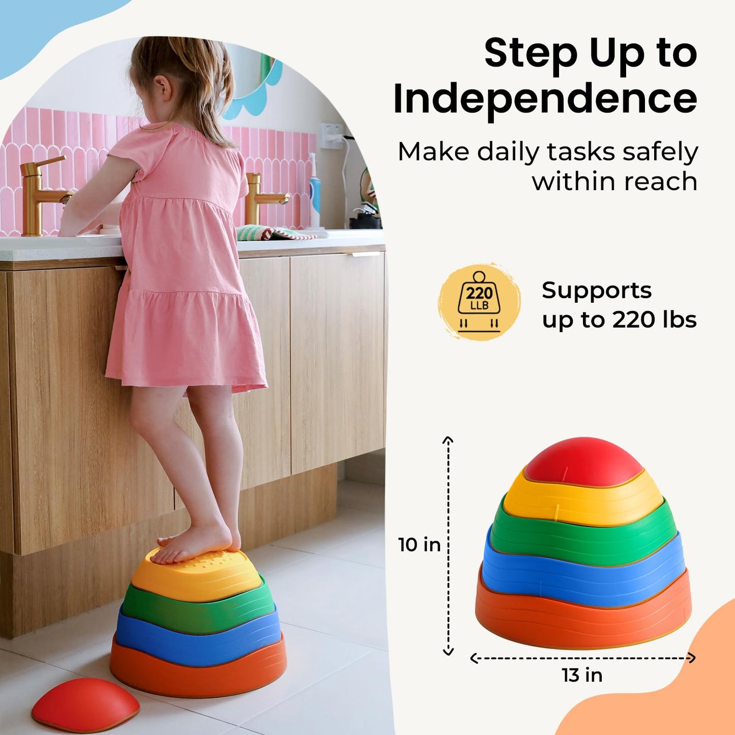 Tiny Land Stepping Stones for Kids – 5pc Non-Slip Rainbow Stepping Stones to Boost Balance & Coordination