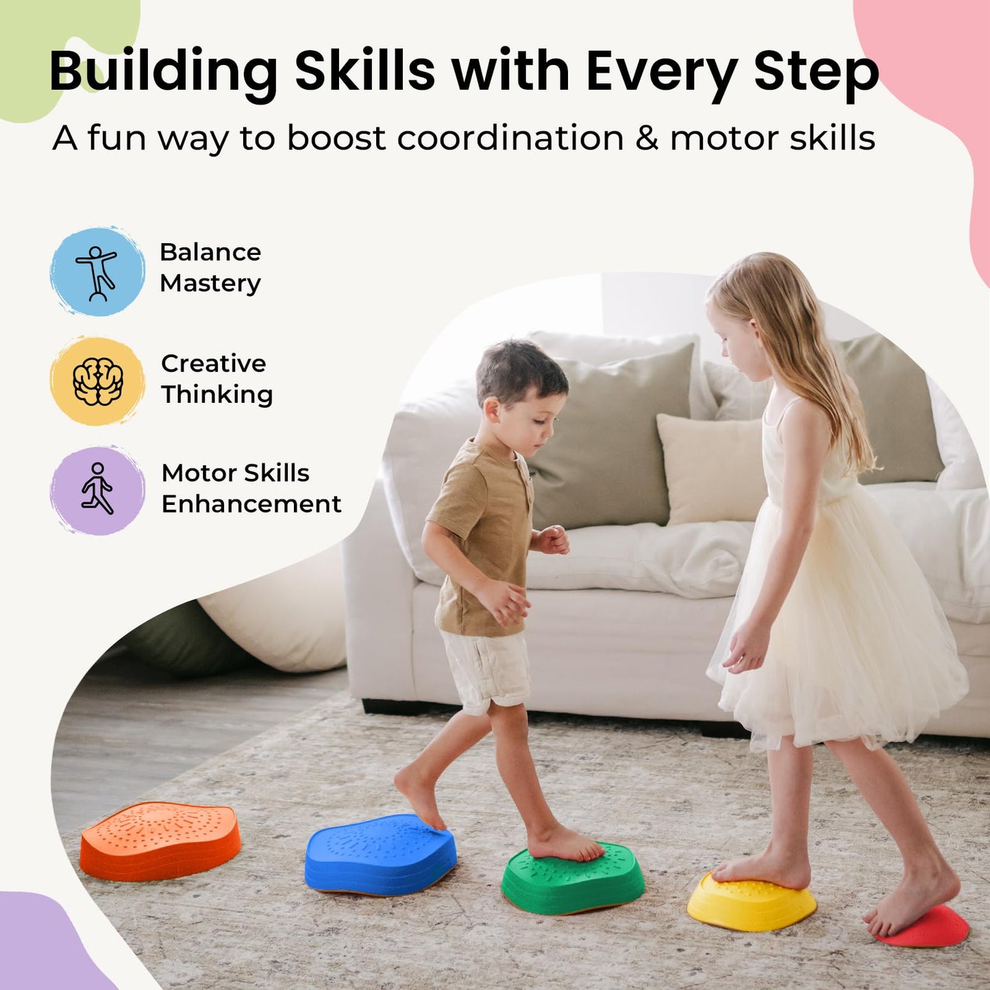 Tiny Land Stepping Stones for Kids – 5pc Non-Slip Rainbow Stepping Stones to Boost Balance & Coordination
