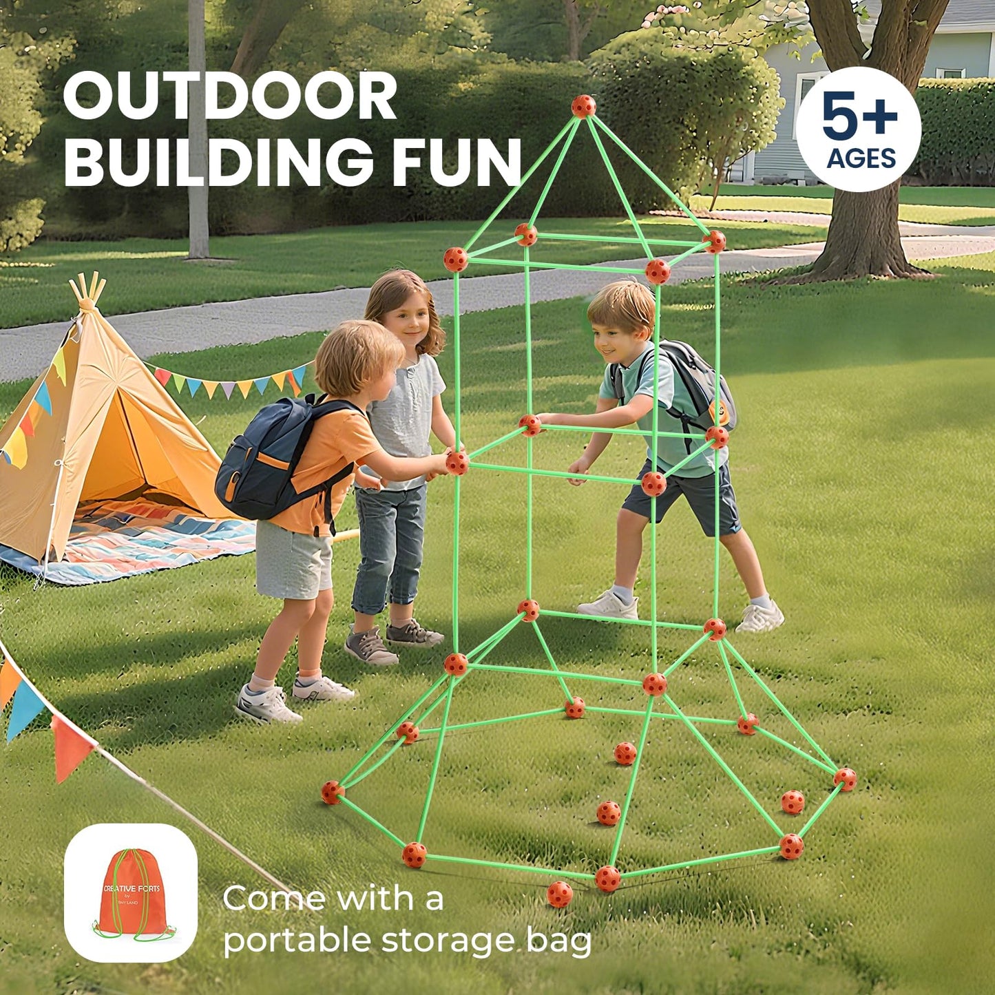 Tiny Land Glow Fort Building Kit for Kids – 86 Glow Rods & 44 Balls | Indoor & Outdoor