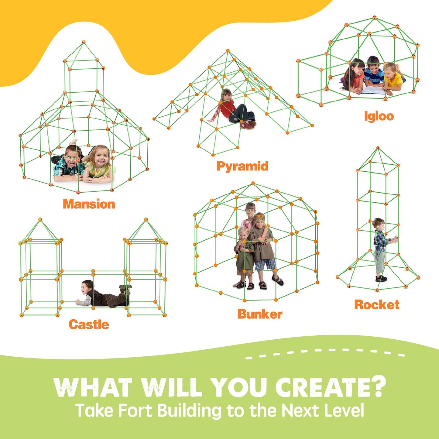 Tiny Land Fort Building Kit – Creative STEM Forts for Kids 5-12 (130-Piece Set with 86 Rods & 44 Balls)