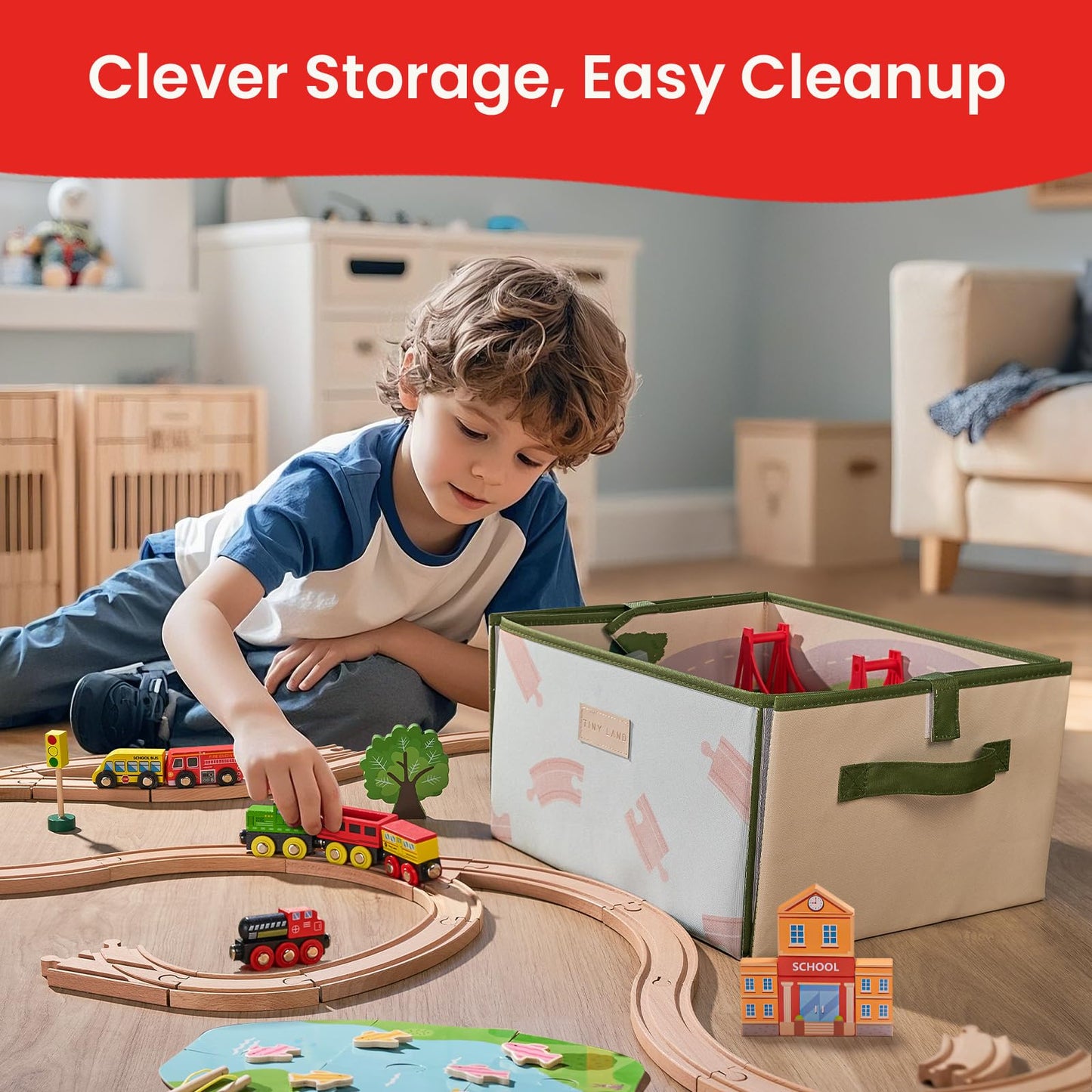 Tiny Land 110-Piece Wooden Train Set with Folding Storage Box