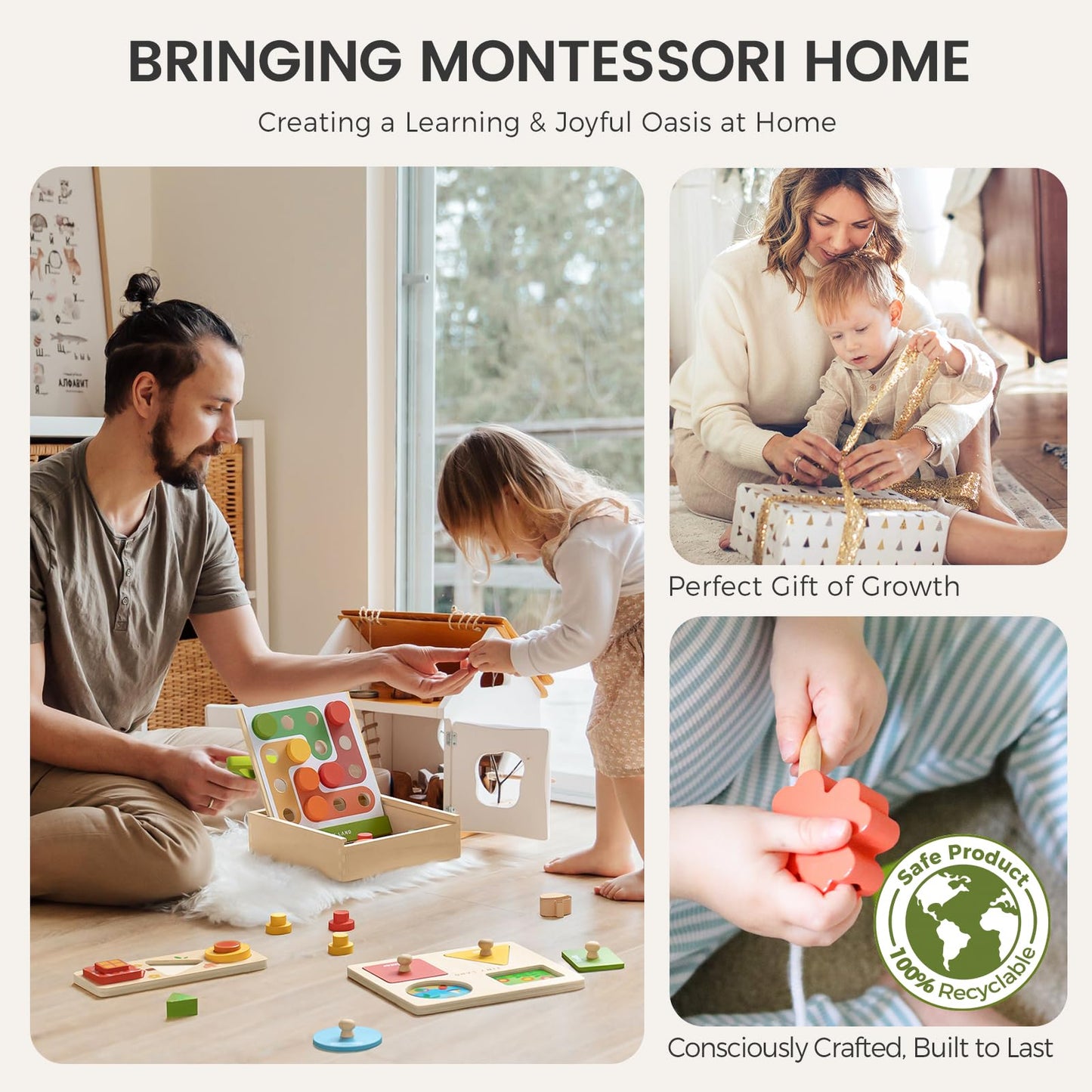 Tiny Land Montessori 4-in-1 Wooden Learning Toy Set for Babies 18-24 Months