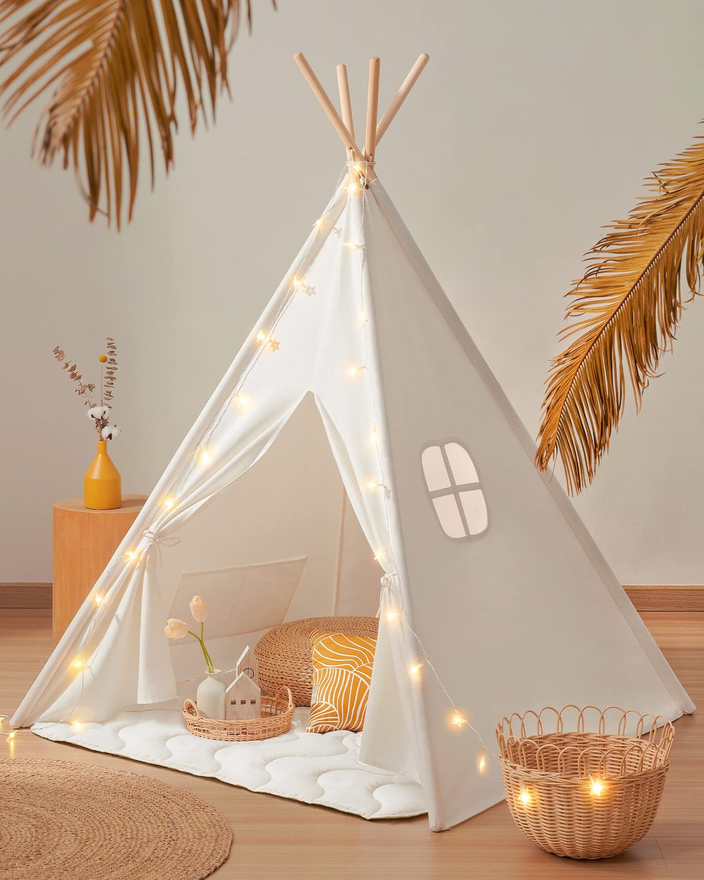 Tiny Land Teepee Tent for Kids – 100% Cotton Play Tent with Padded Mat & Star Lights