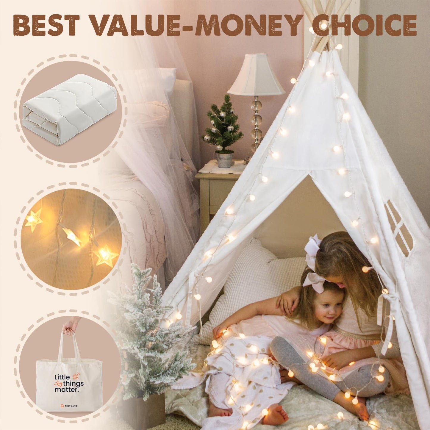 Tiny Land Teepee Tent for Kids – 100% Cotton Play Tent with Padded Mat & Star Lights