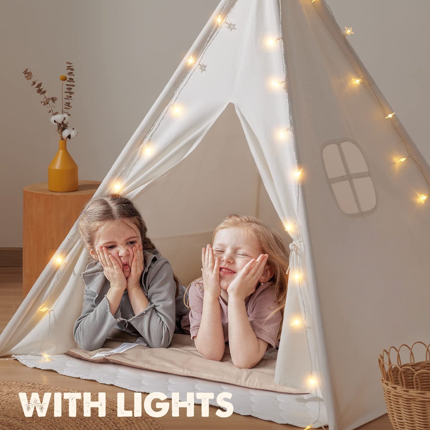Tiny Land Teepee Tent for Kids – 100% Cotton Play Tent with Padded Mat & Star Lights