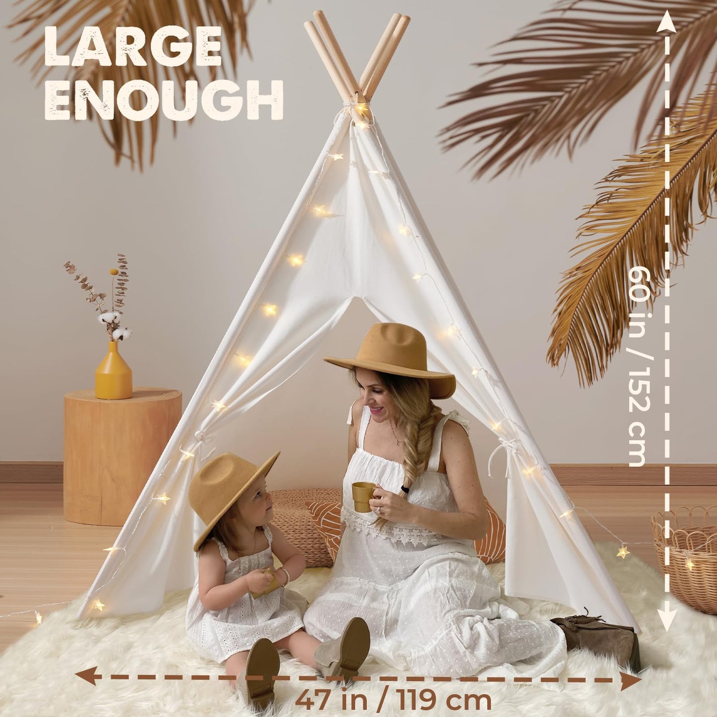 Tiny Land Teepee Tent for Kids – 100% Cotton Play Tent with Padded Mat & Star Lights
