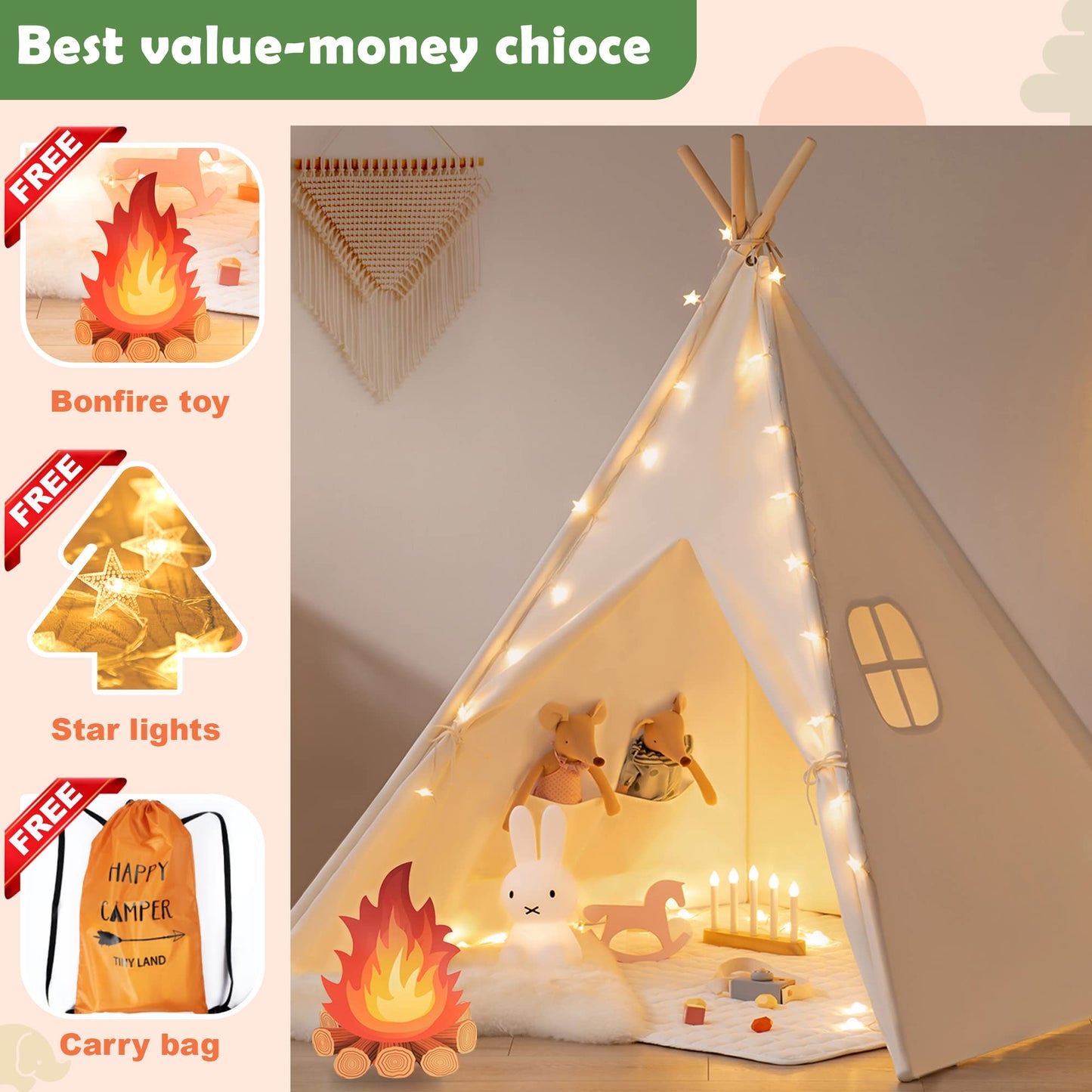 Tiny Land Teepee Tent with Star Lights – Foldable Indoor Play Tent for Kids