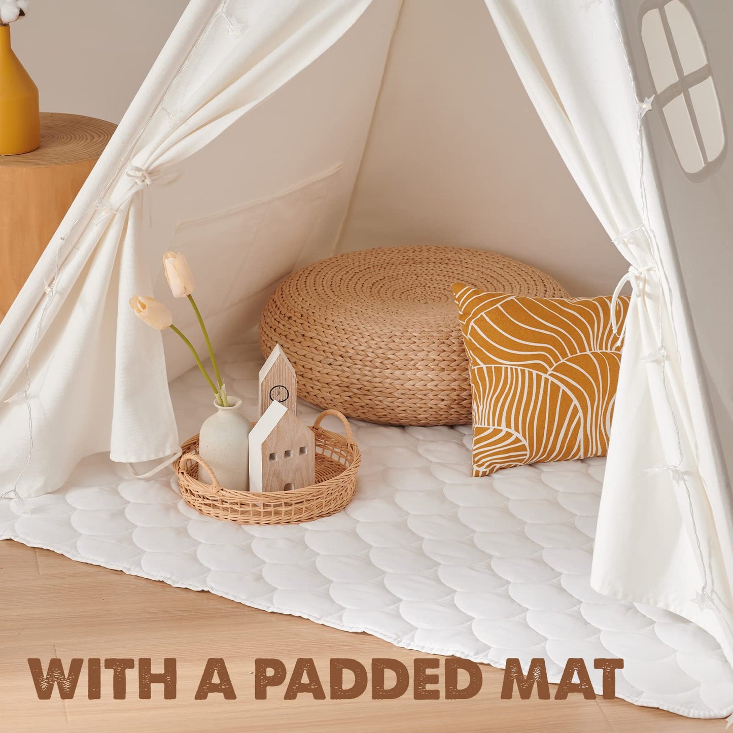 Tiny Land Teepee Tent for Kids – 100% Cotton Play Tent with Padded Mat & Star Lights