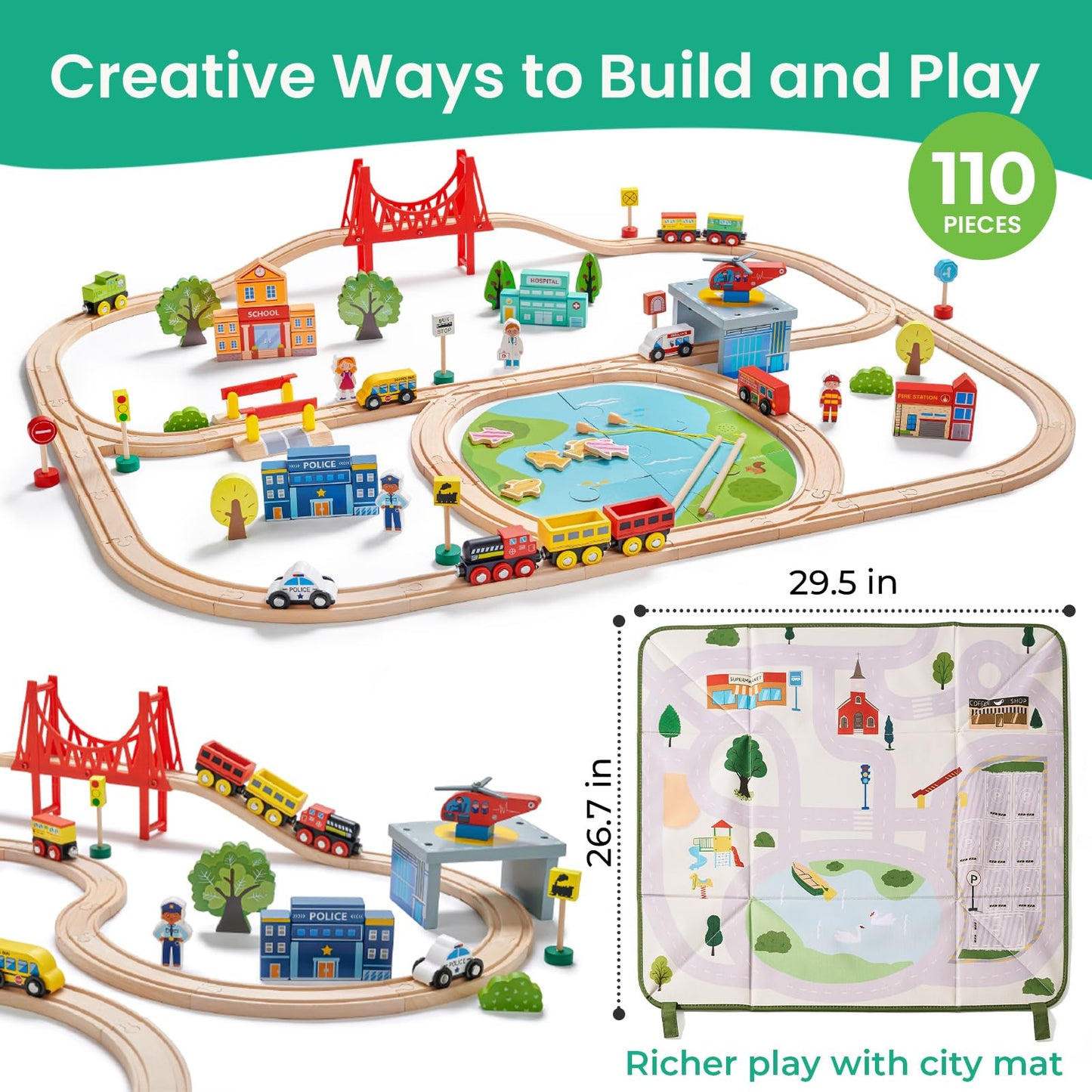 Tiny Land 110-Piece Wooden Train Set with Folding Storage Box