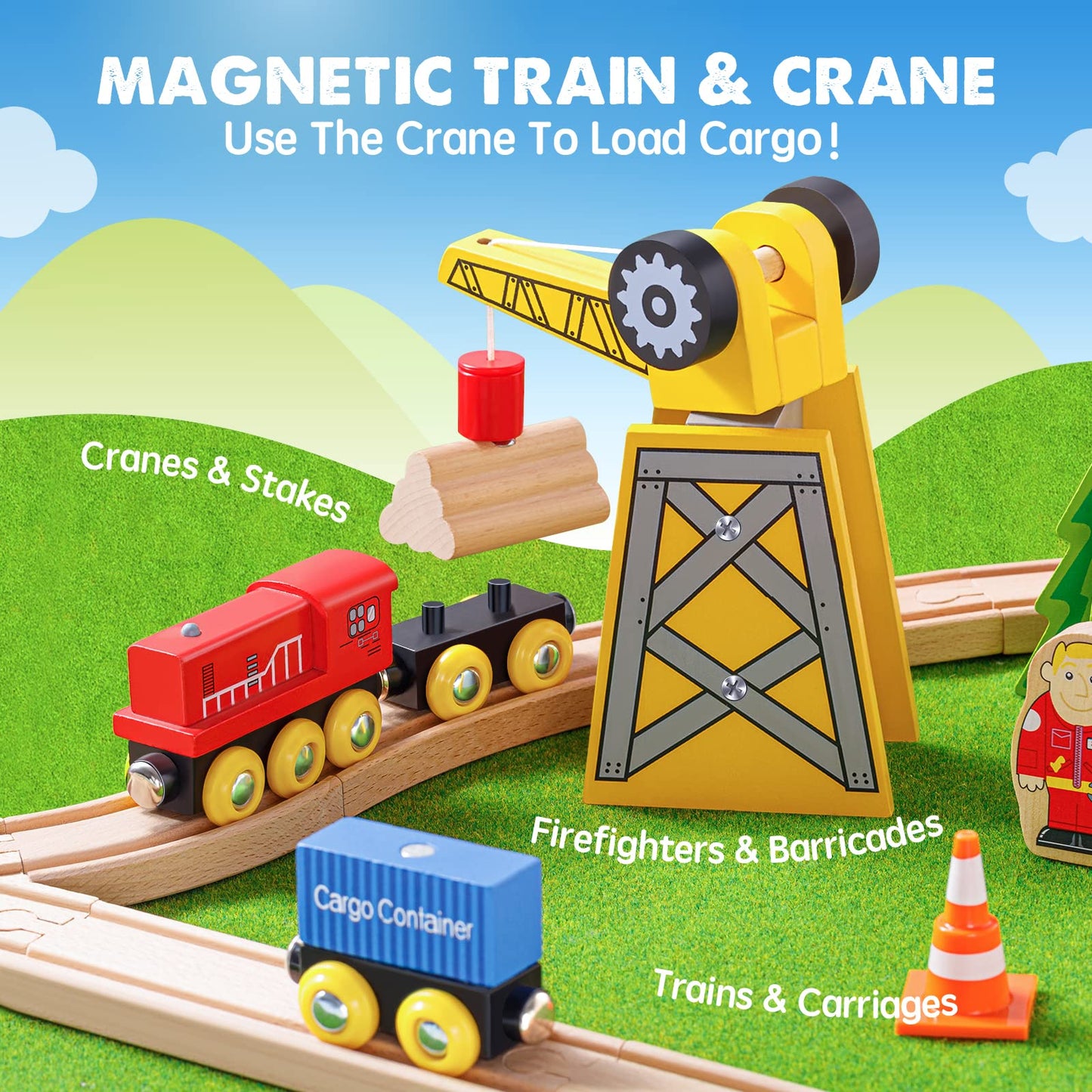 Tiny Land 55PCS Wooden Train Set — Compatible with Major Brand Tracks for Ages 3-7