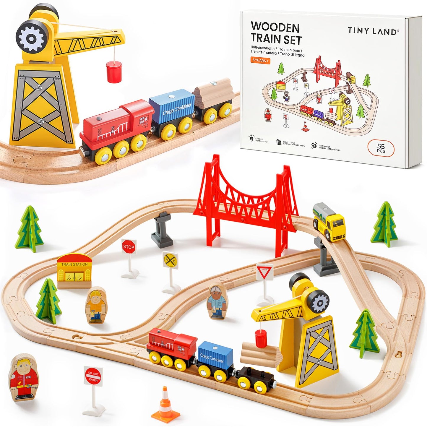 Tiny Land 55PCS Wooden Train Set — Compatible with Major Brand Tracks for Ages 3-7