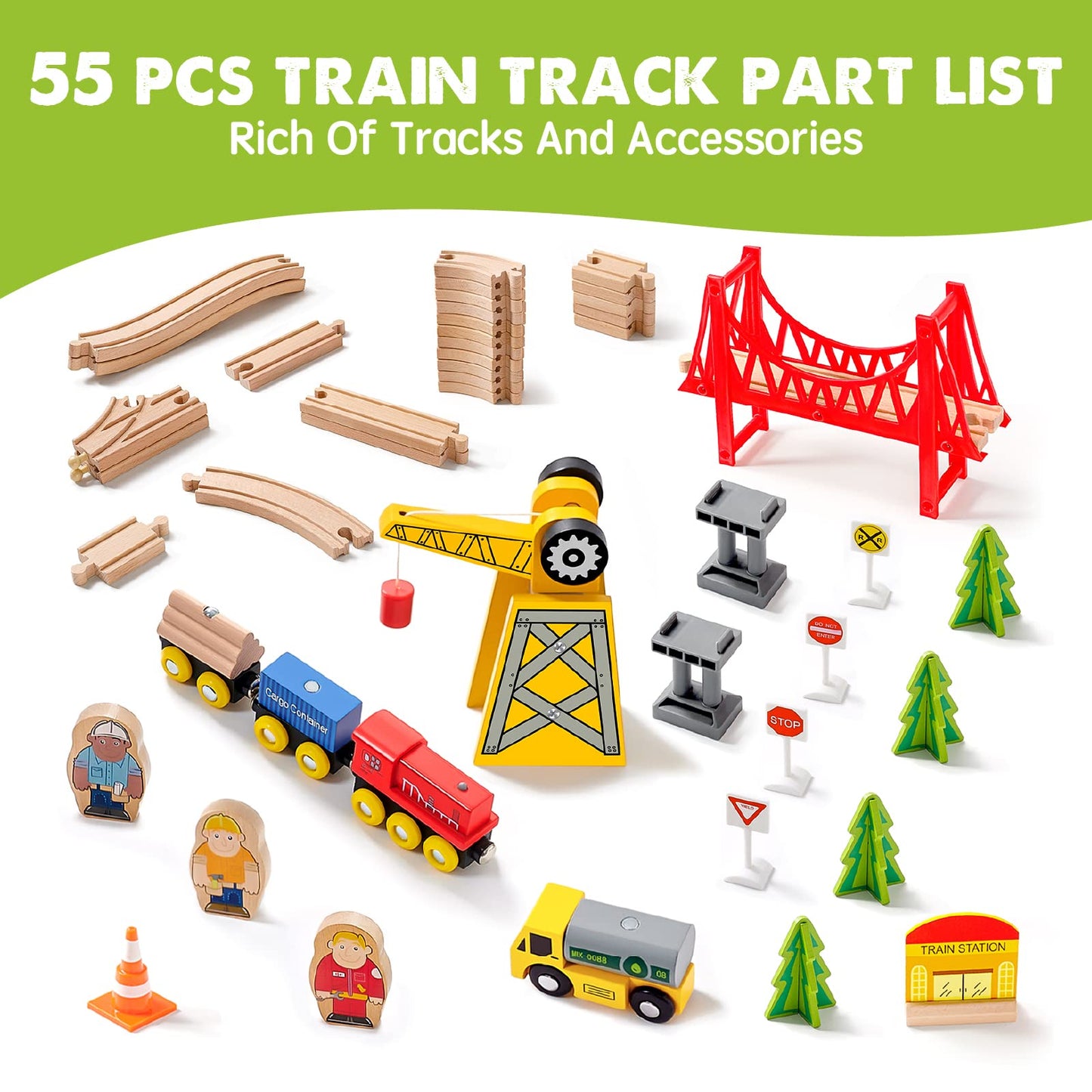 Tiny Land 55PCS Wooden Train Set — Compatible with Major Brand Tracks for Ages 3-7