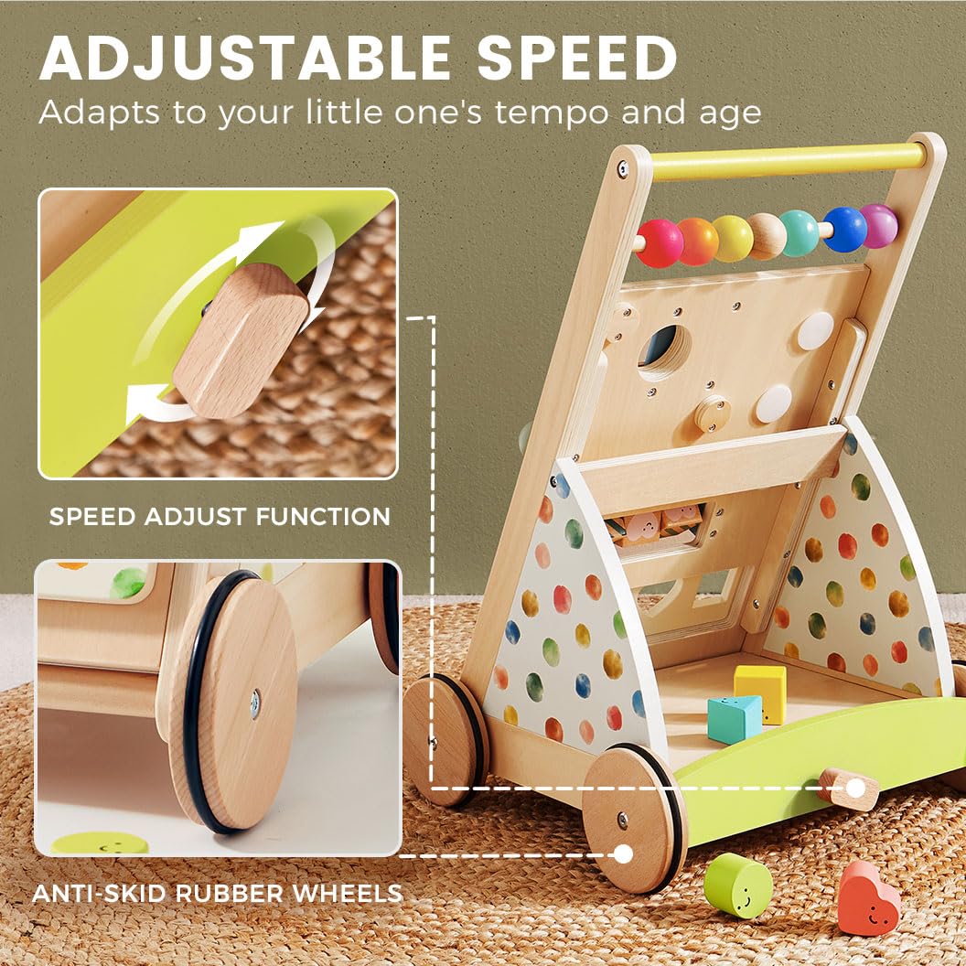 Tiny Land Wooden Baby Walker – Adjustable Speed, Rainbow Montessori Push Walker