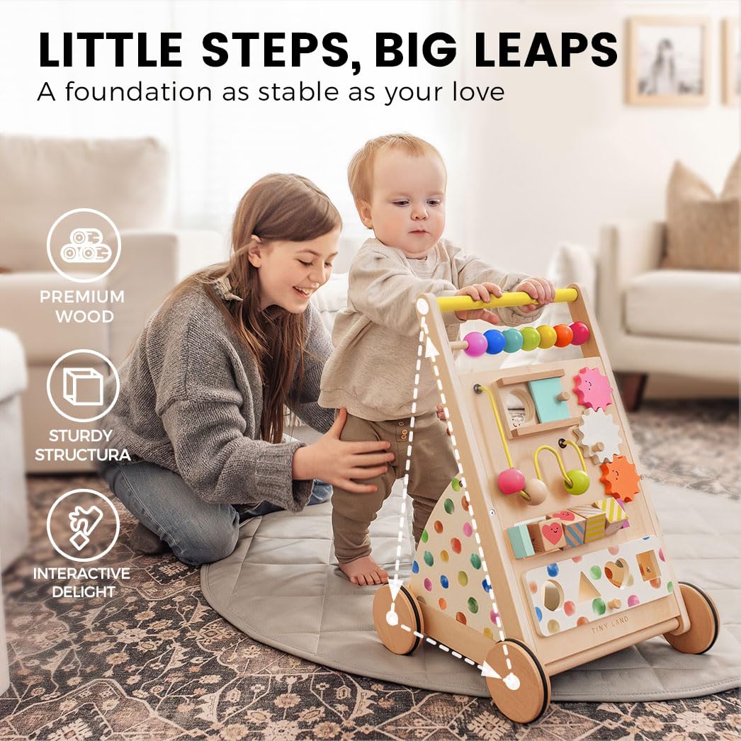 Tiny Land Wooden Baby Walker – Adjustable Speed, Rainbow Montessori Push Walker