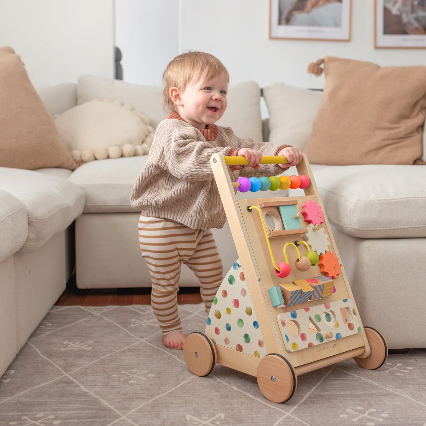 Tiny Land Wooden Baby Walker – Adjustable Speed, Rainbow Montessori Push Walker