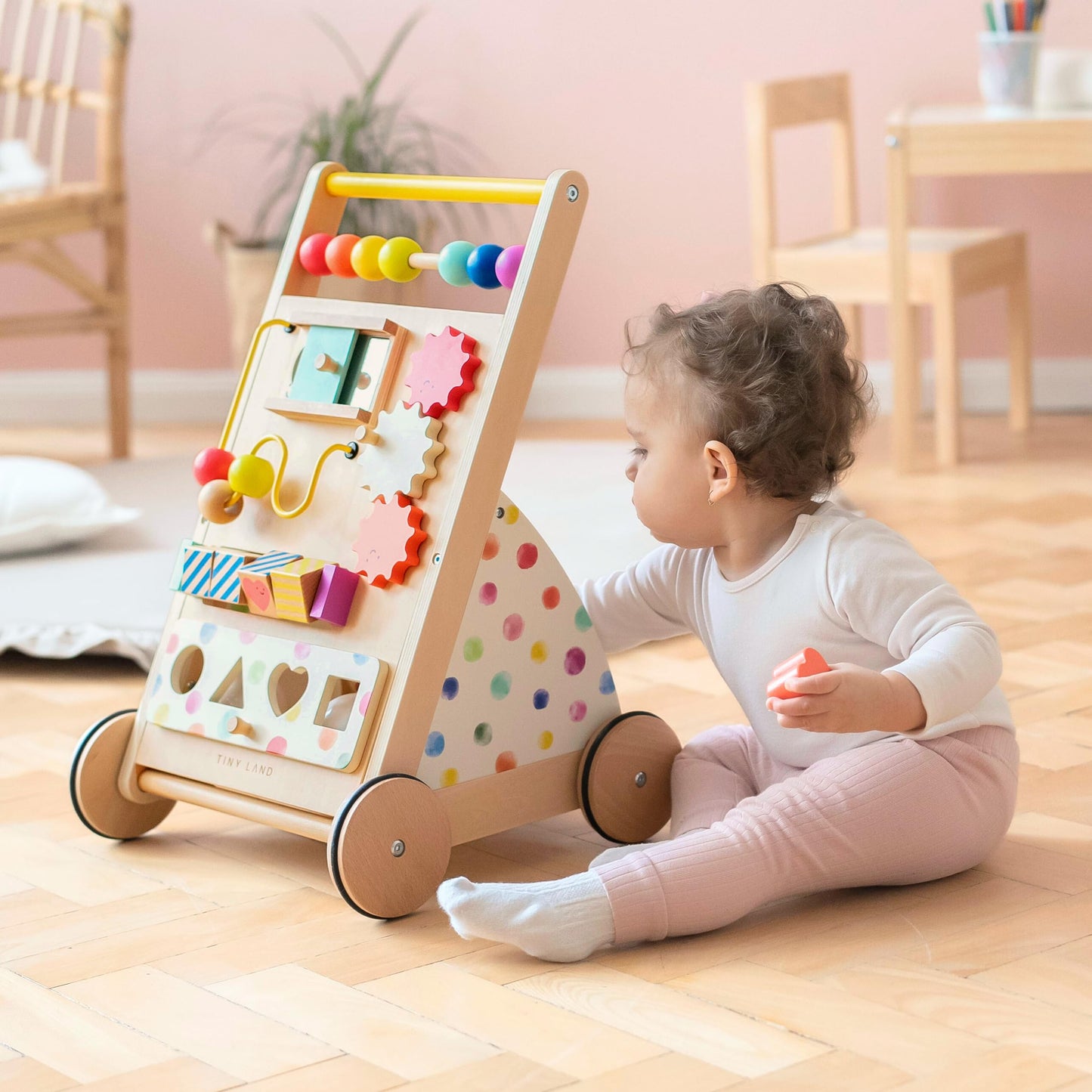 Tiny Land Wooden Baby Walker – Adjustable Speed, Rainbow Montessori Push Walker