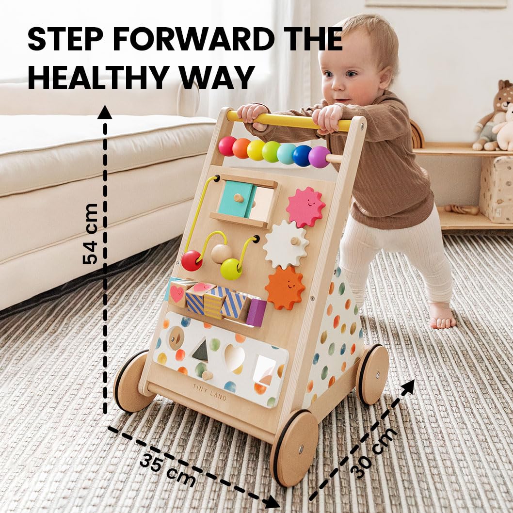Tiny Land Wooden Baby Walker – Adjustable Speed, Rainbow Montessori Push Walker