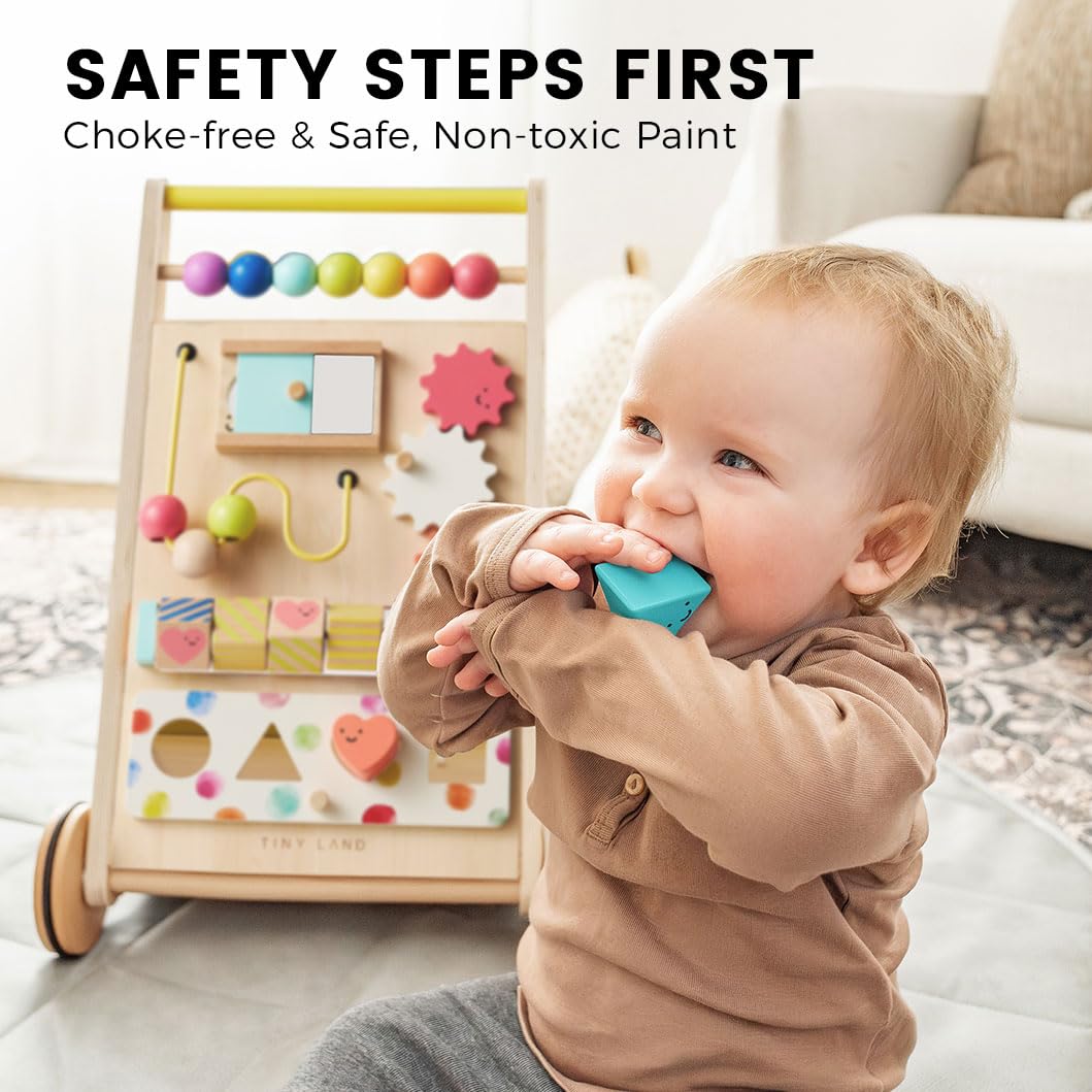 Tiny Land Wooden Baby Walker – Adjustable Speed, Rainbow Montessori Push Walker