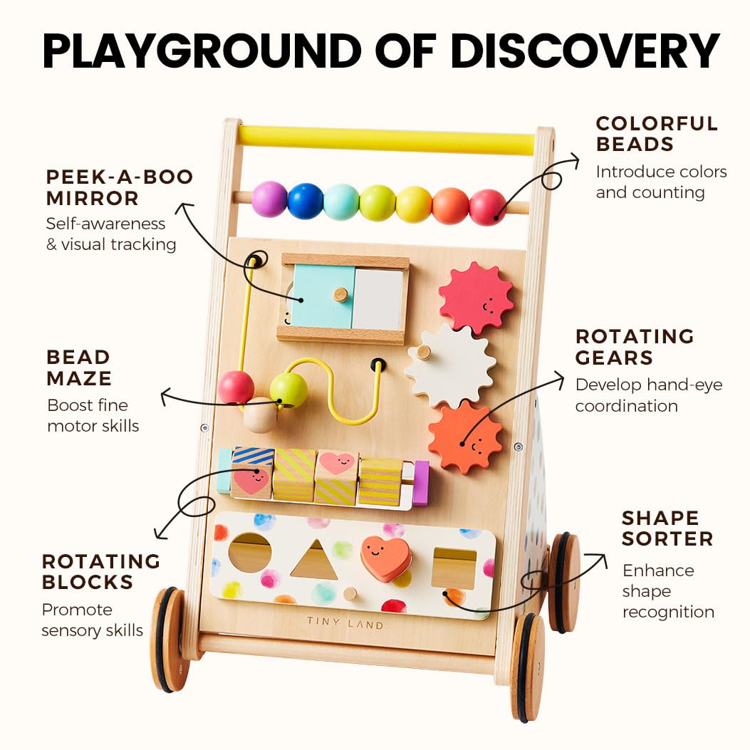 Tiny Land Wooden Baby Walker – Adjustable Speed, Rainbow Montessori Push Walker