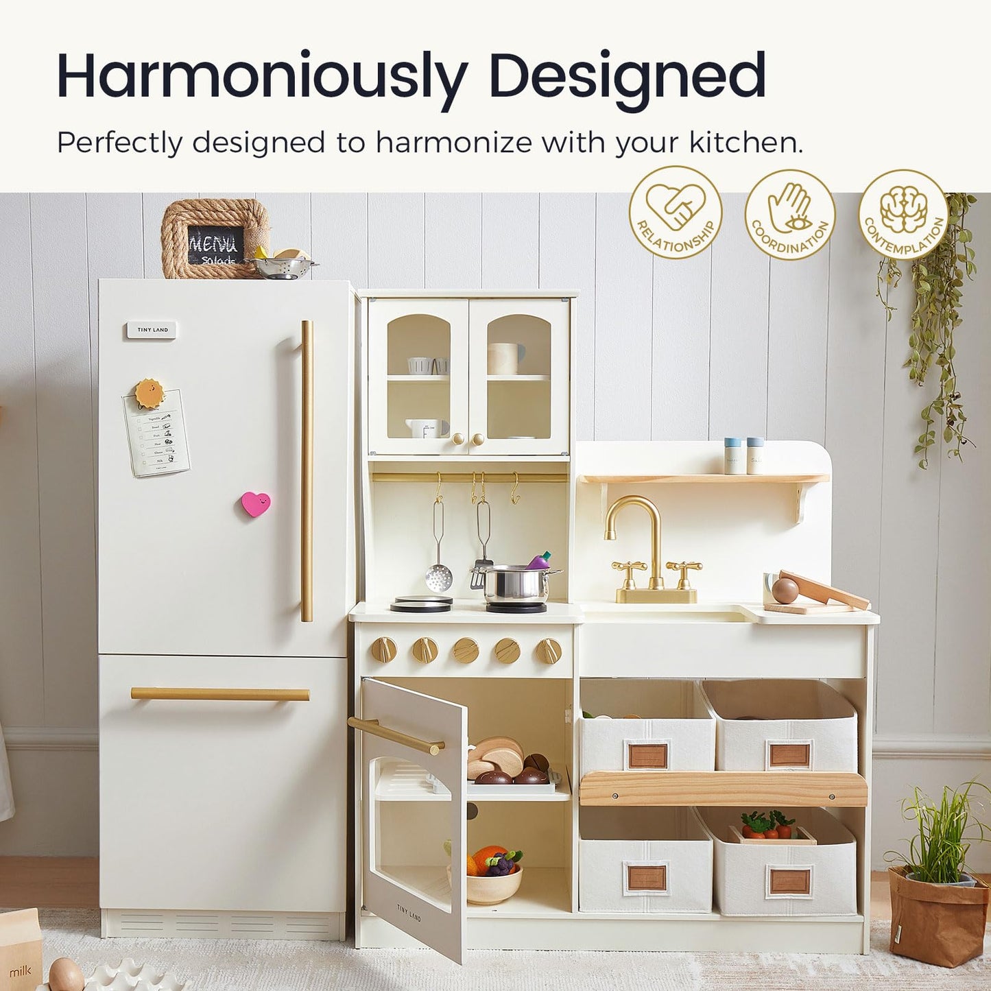 Tiny Land Wooden Toy Fridge with Spacious Storage – Realistic Play Kitchen Refrigerator