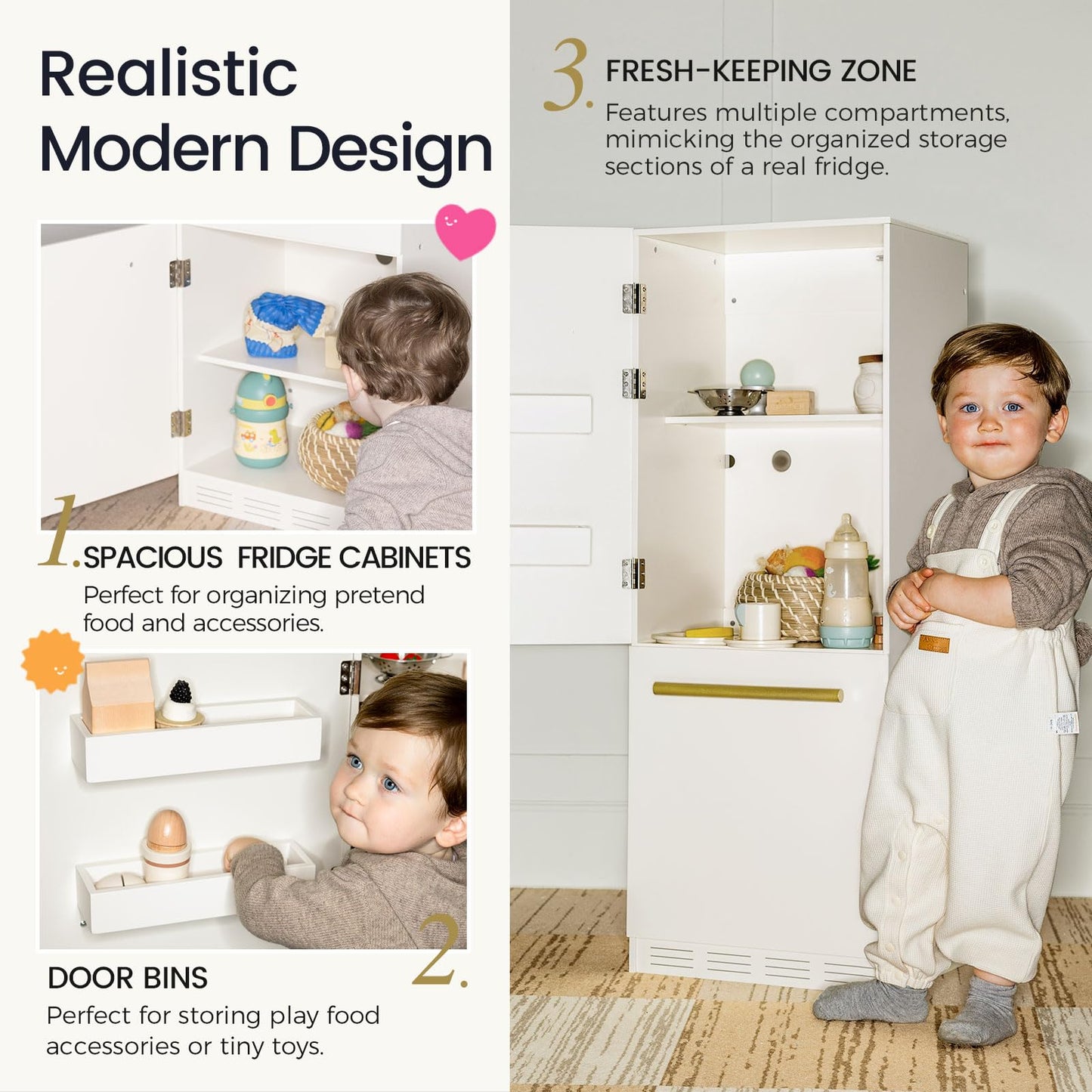 Tiny Land Wooden Toy Fridge with Spacious Storage – Realistic Play Kitchen Refrigerator