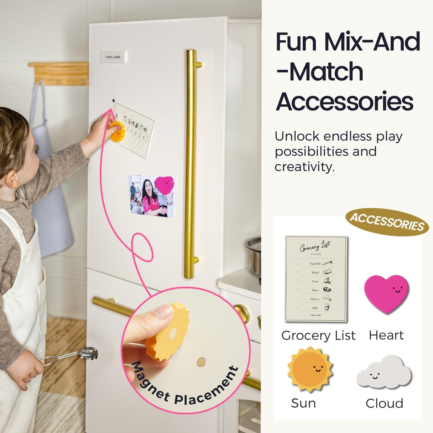 Tiny Land Wooden Toy Fridge with Spacious Storage – Realistic Play Kitchen Refrigerator
