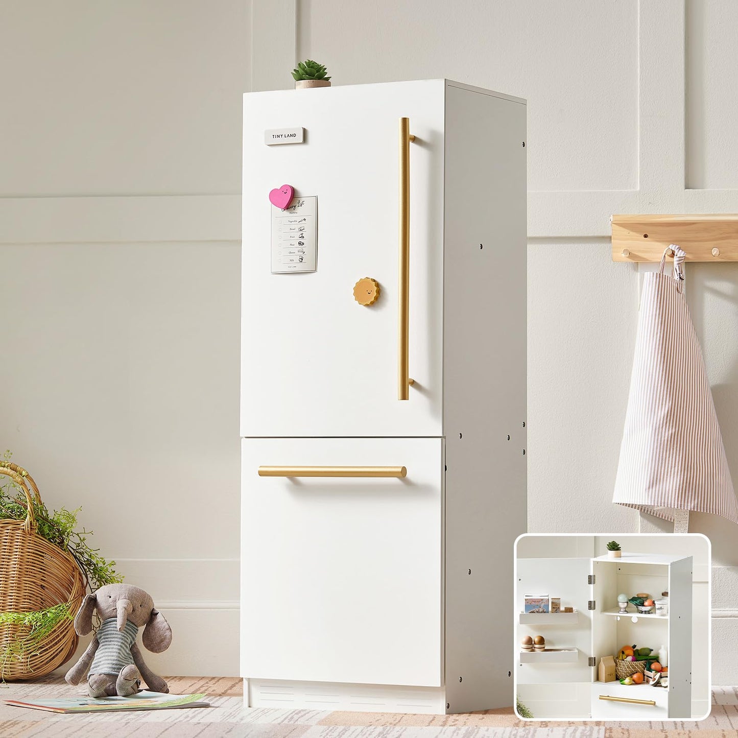 Tiny Land Wooden Toy Fridge with Spacious Storage – Realistic Play Kitchen Refrigerator