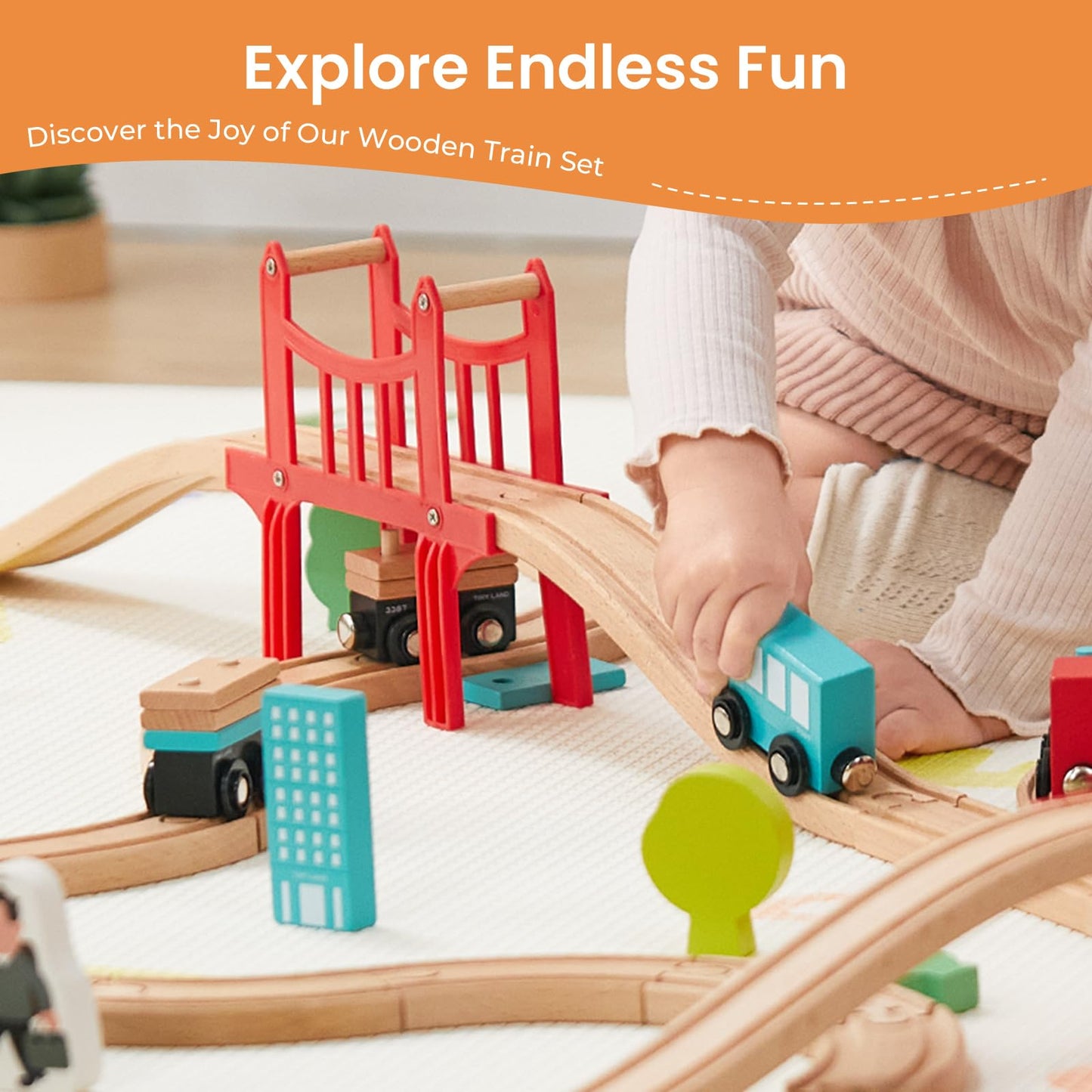Tiny Land Wooden Train Set – 39 Pcs Beech Wood, Expandable & Brand-Compatible