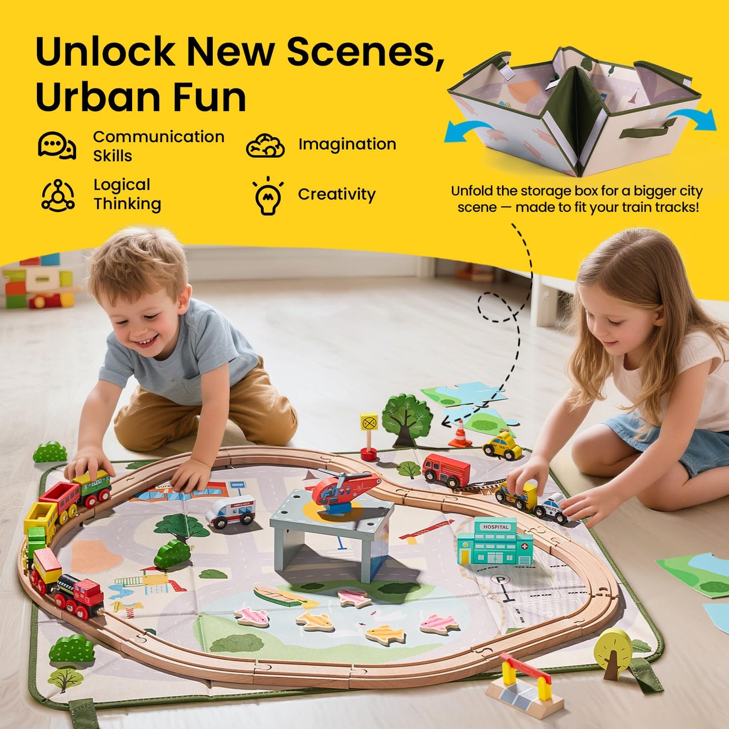 Tiny Land 110-Piece Wooden Train Set with Folding Storage Box