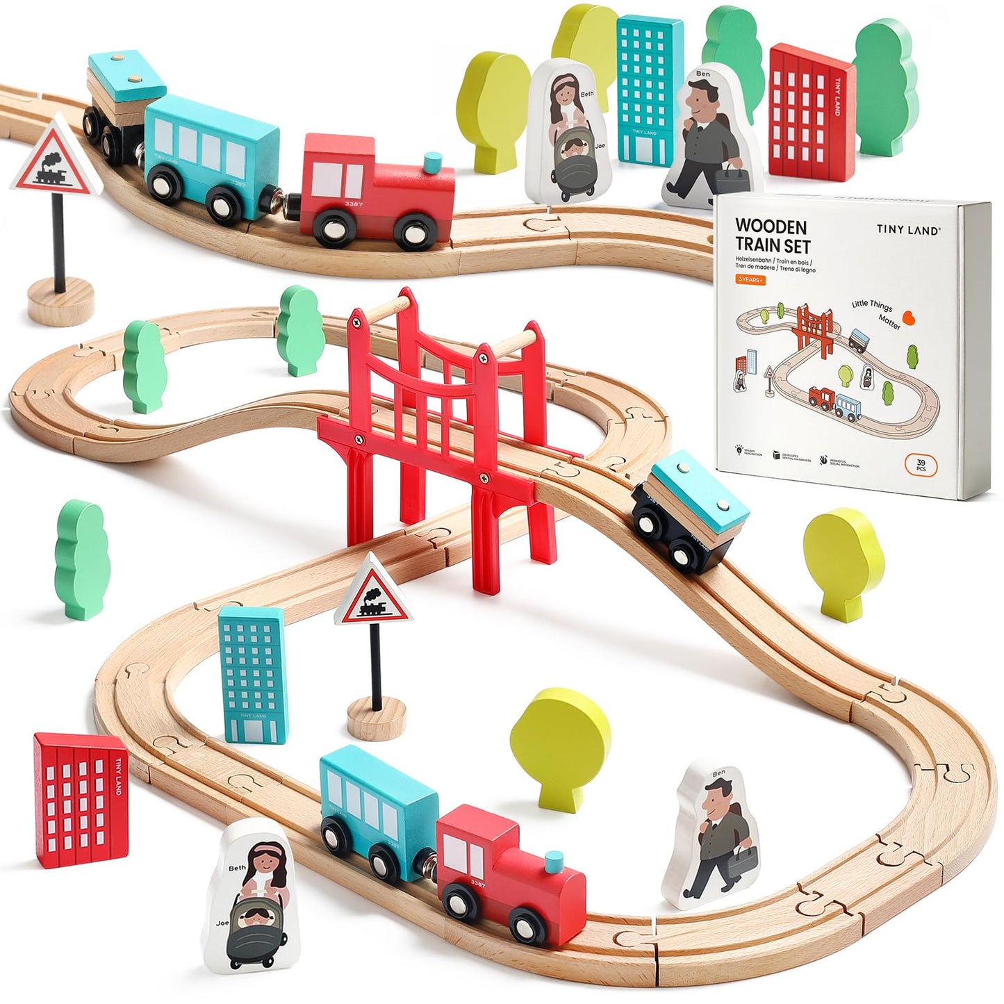 Tiny Land Wooden Train Set – 39 Pcs Beech Wood, Expandable & Brand-Compatible