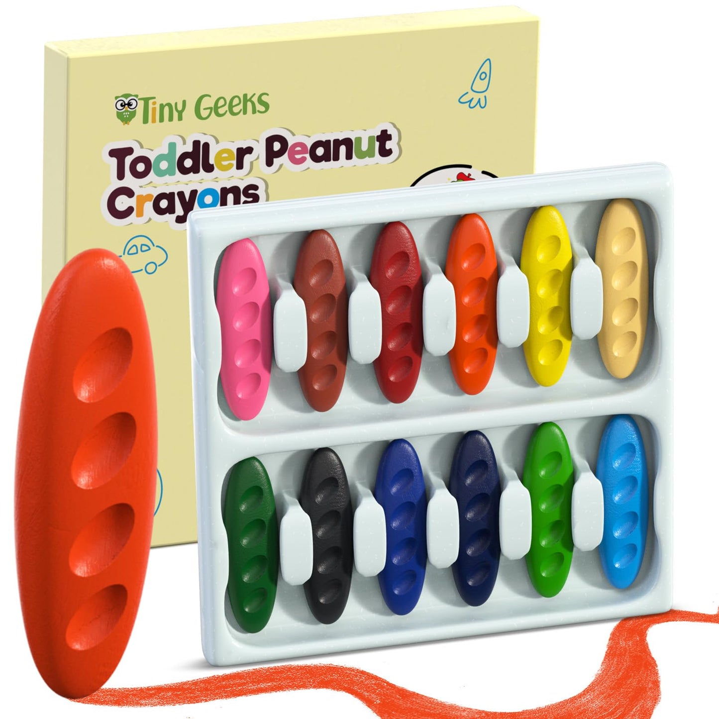 TinyGeeks 12 Peanut Crayons – Non-Toxic, Washable Toddler Crayons with Ergonomic Peanut Shape