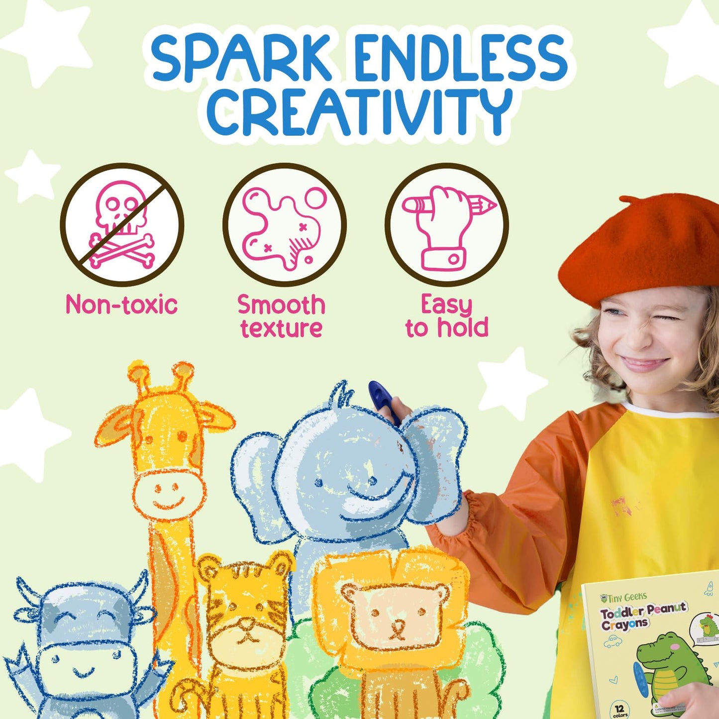 TinyGeeks 12 Peanut Crayons – Non-Toxic, Washable Toddler Crayons with Ergonomic Peanut Shape
