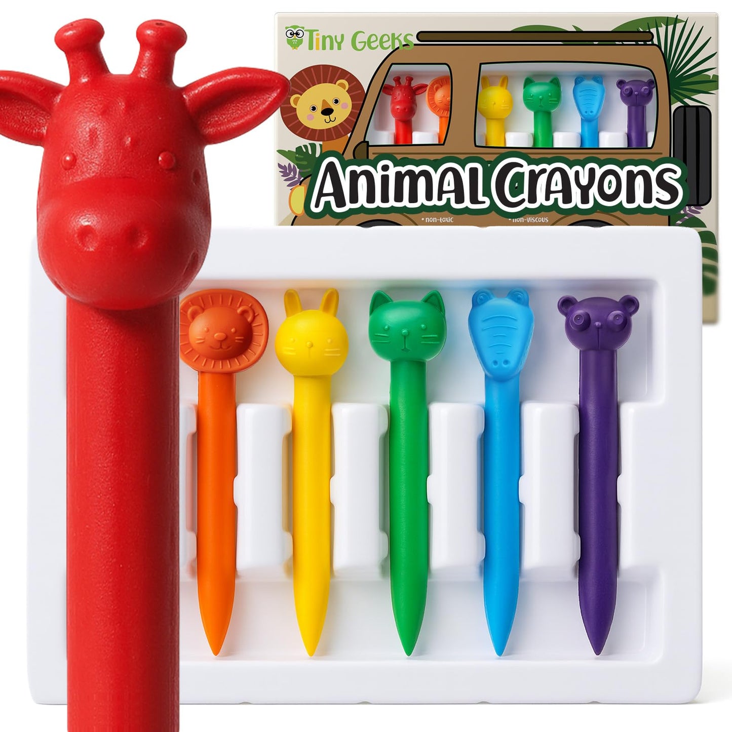 TinyGeeks 6 Animal Shaped Crayons – Non-Toxic, Washable & Easy to Hold for Kids 4-8