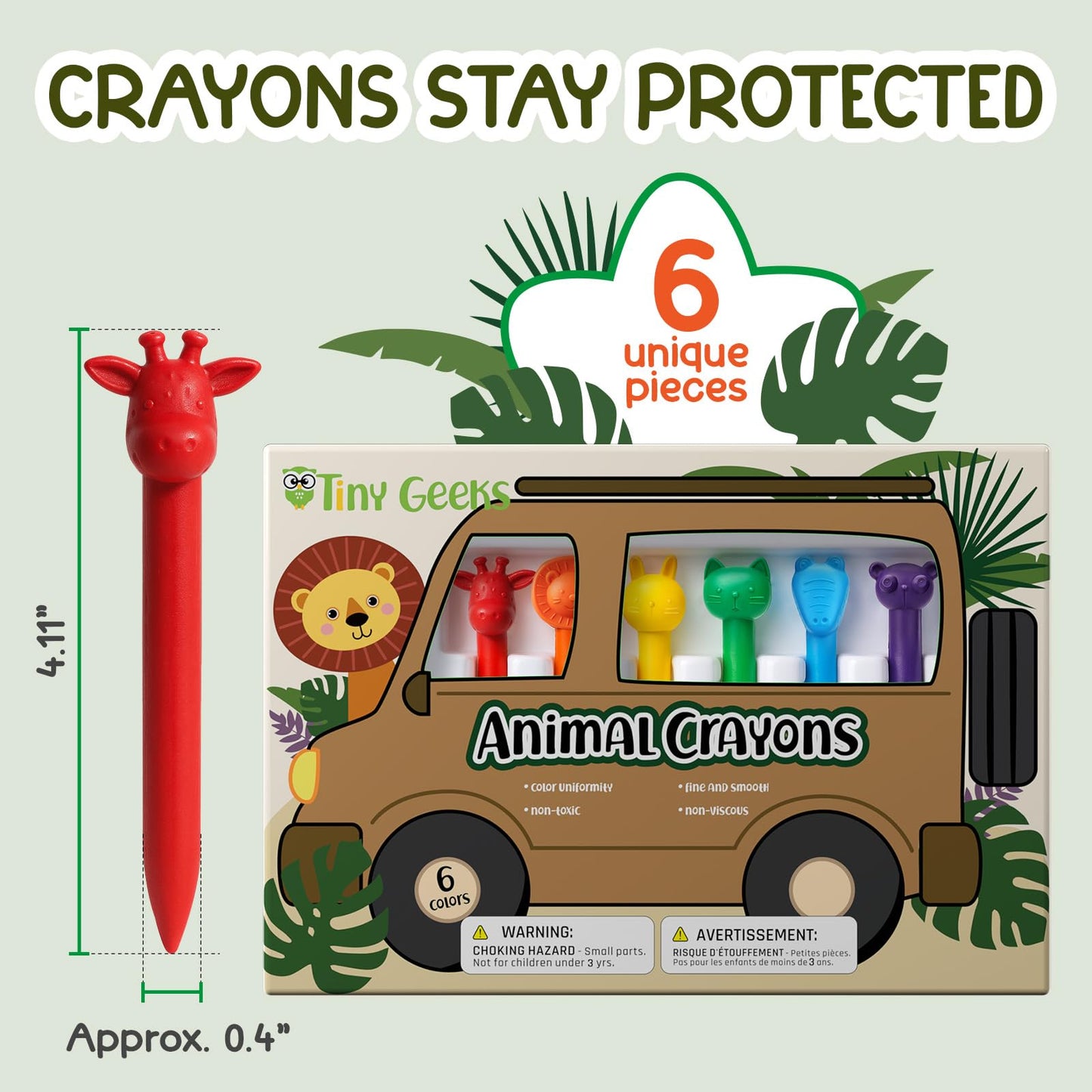 TinyGeeks 6 Animal Shaped Crayons – Non-Toxic, Washable & Easy to Hold for Kids 4-8
