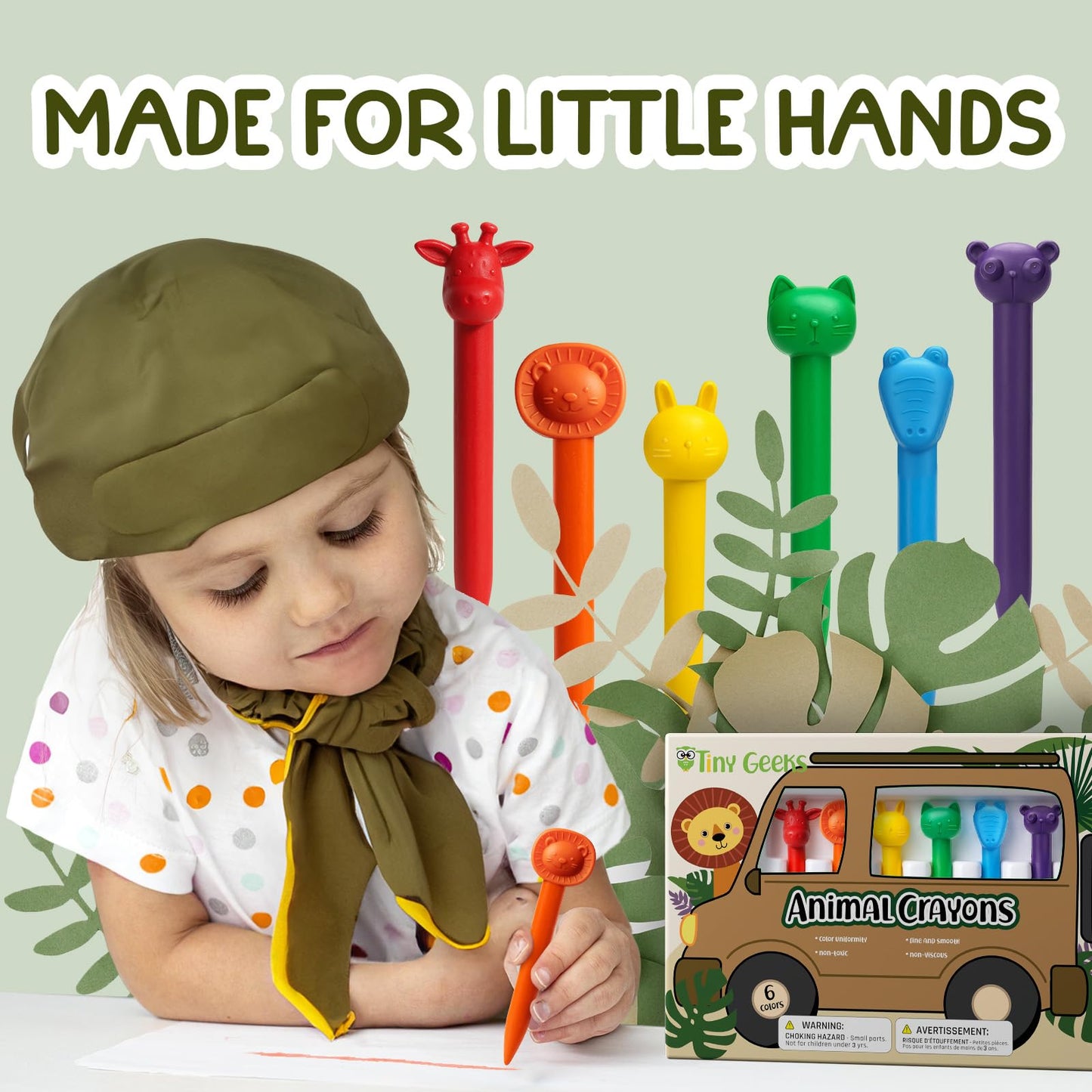 TinyGeeks 6 Animal Shaped Crayons – Non-Toxic, Washable & Easy to Hold for Kids 4-8