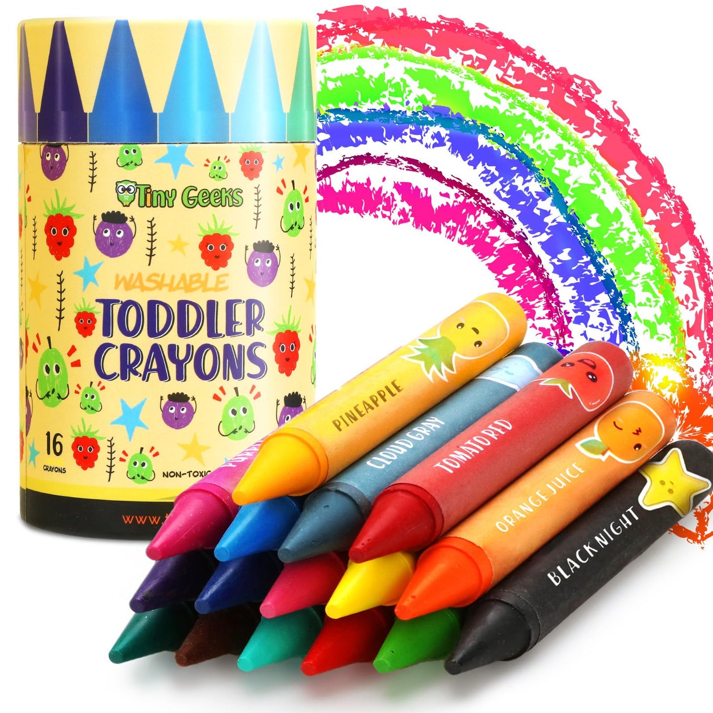 TinyGeeks Jumbo Crayons (16 Colors) – Non-Toxic, Washable, Easy-to-Hold for Toddlers and Kids