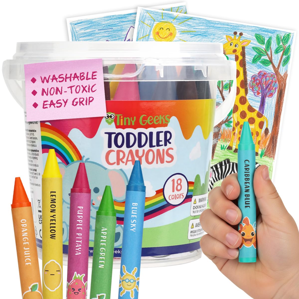 TinyGeeks Jumbo Crayons for Toddlers – 18pc Set With Color Sheets | Washable, Non-Toxic & Easy to Hold